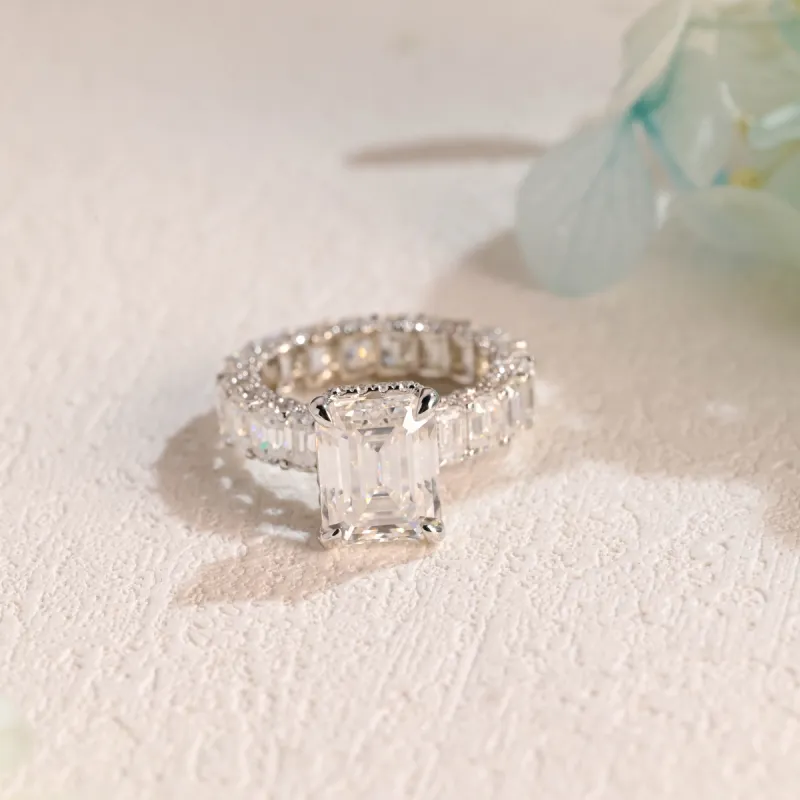 Solid Gold 4mm Width Emerald Cut Moissanite Engagement Ring, Unique Propose Ring sold by Causyou