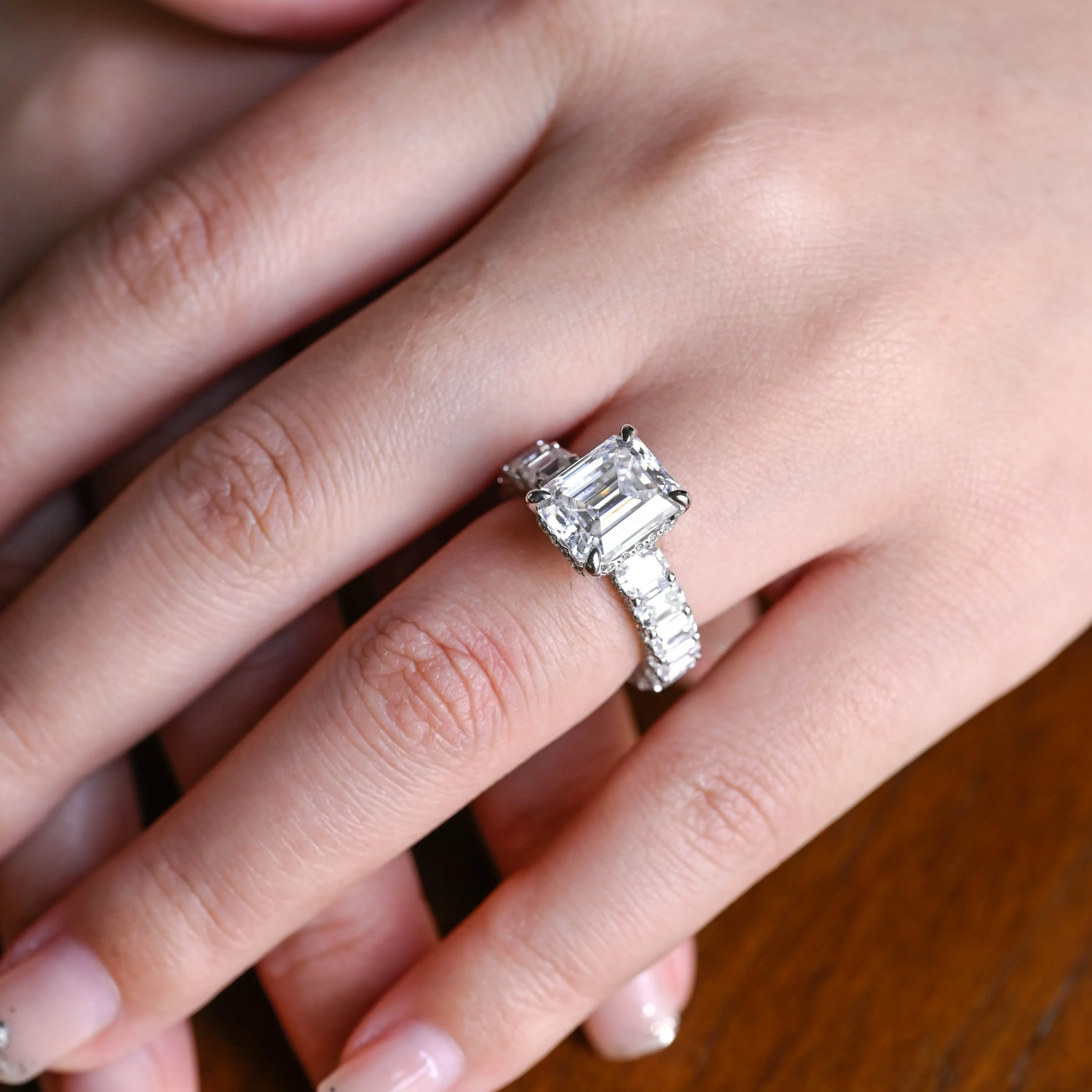 Solid Gold 4mm Width Emerald Cut Moissanite Engagement Ring, Unique Propose Ring sold by Causyou product image thumbnail 2