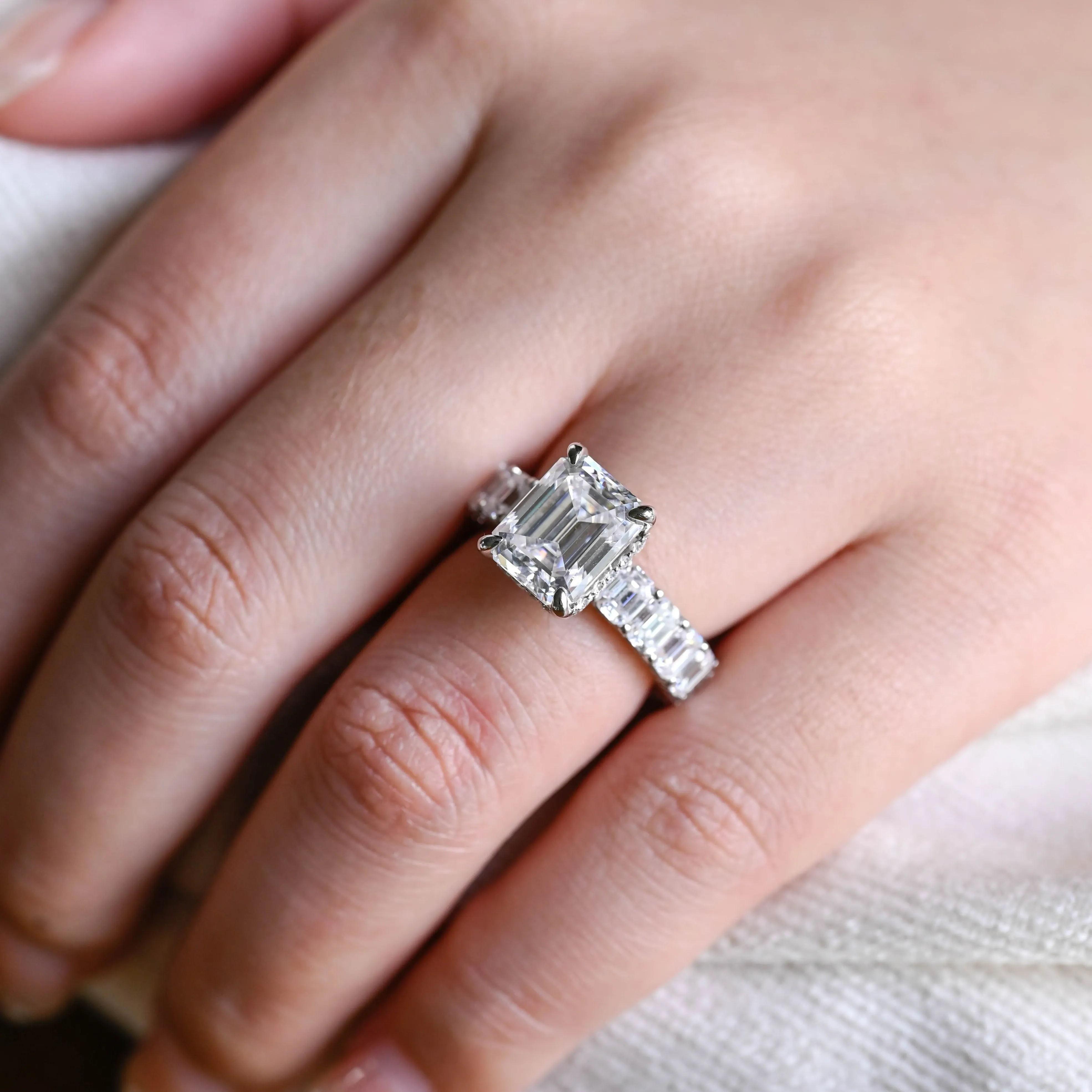Solid Gold 4mm Width Emerald Cut Moissanite Engagement Ring, Unique Propose Ring sold by Causyou product image thumbnail 4