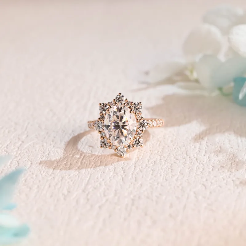 Solid Gold Halo Pave Oval Cut Moissanite Engagement Ring sold by Causyou