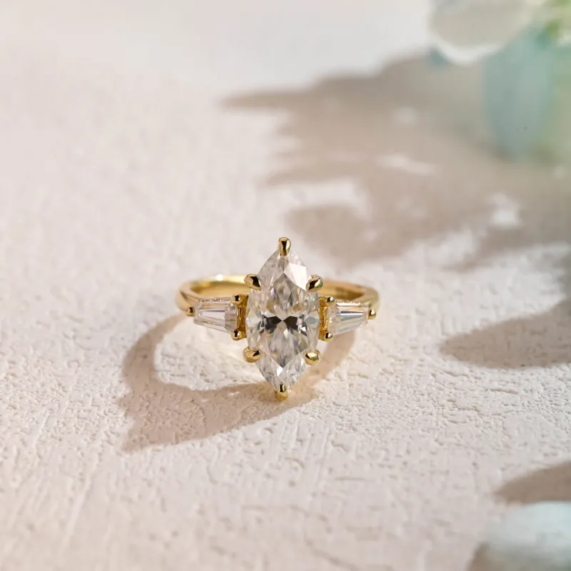 Solid Gold Marquise Cut Moissanite Engagement Ring, Three Stone Promise Ring, Proposal Ring, Gift for Women Wife sold by Causyou