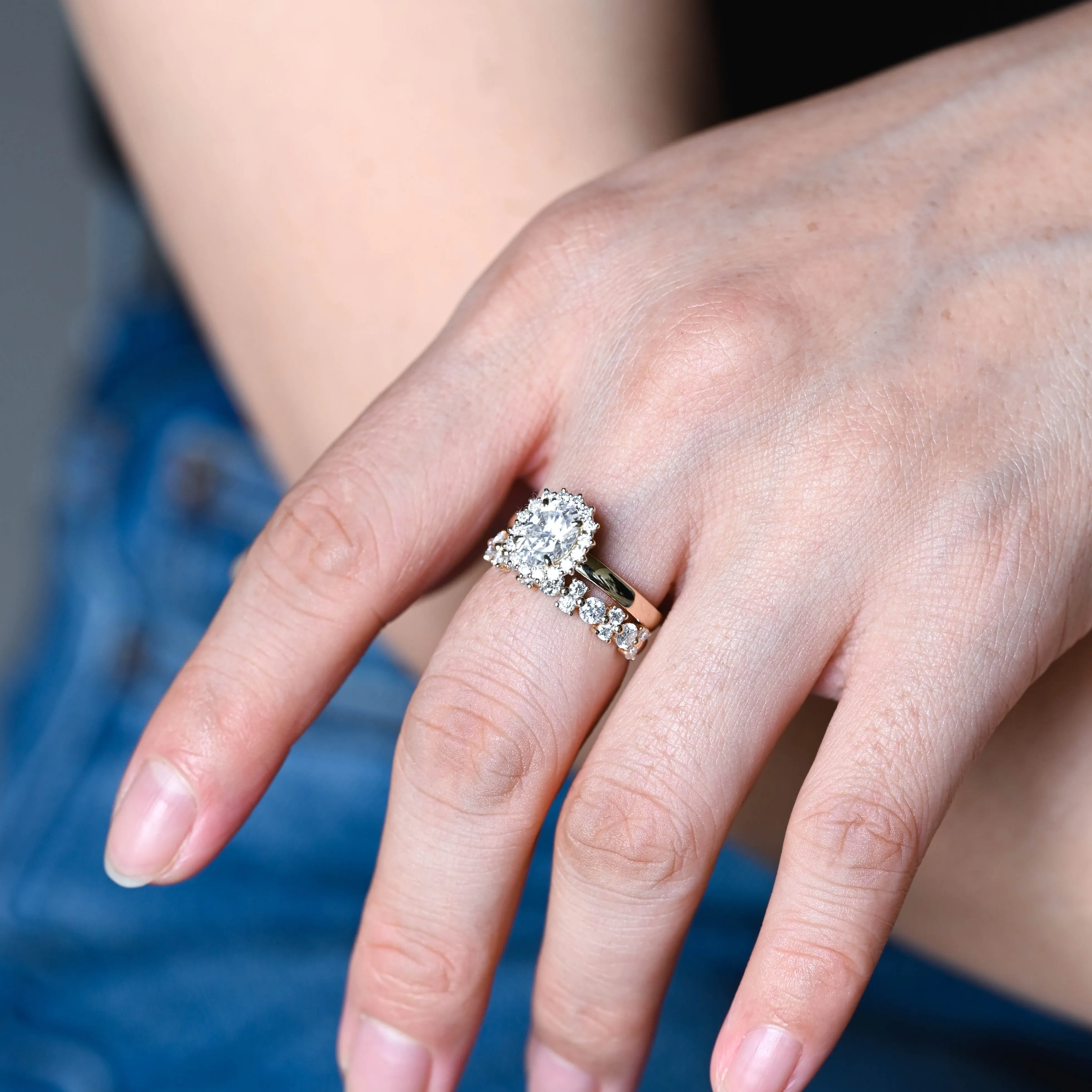 Solid Gold D/VS1 Three Stone Half Pave Oval Cut Lab Grown Diamond Engagement Ring sold by Causyou product image thumbnail 2