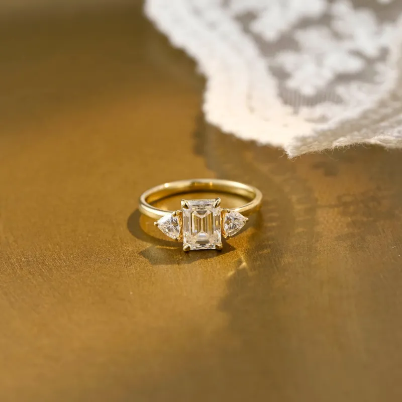 Solid Gold Three Stone Emerald Cut Moissanite Engagement Ring sold by Causyou
