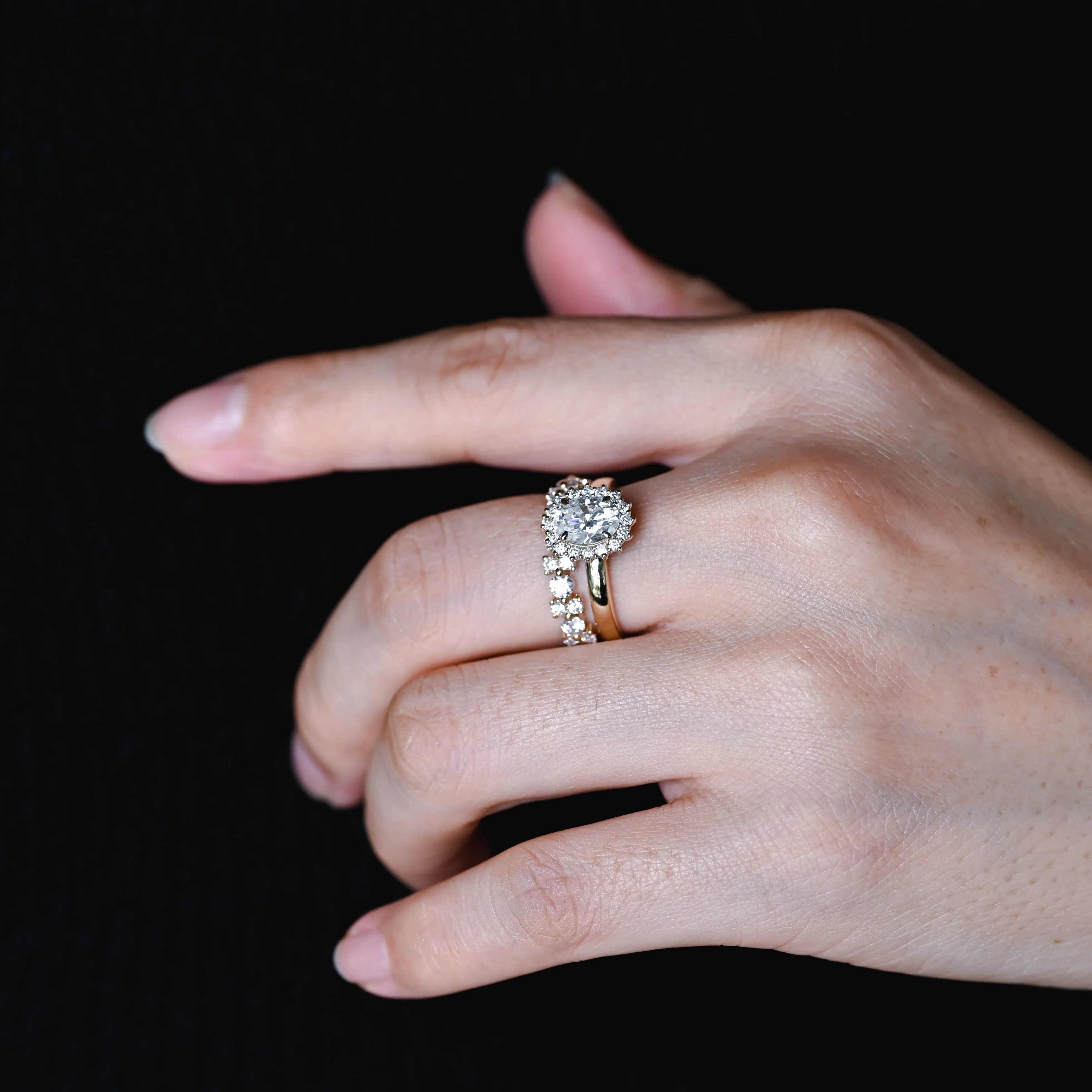 Solid Gold D/VS1 Three Stone Half Pave Oval Cut Lab Grown Diamond Engagement Ring sold by Causyou product image thumbnail 3