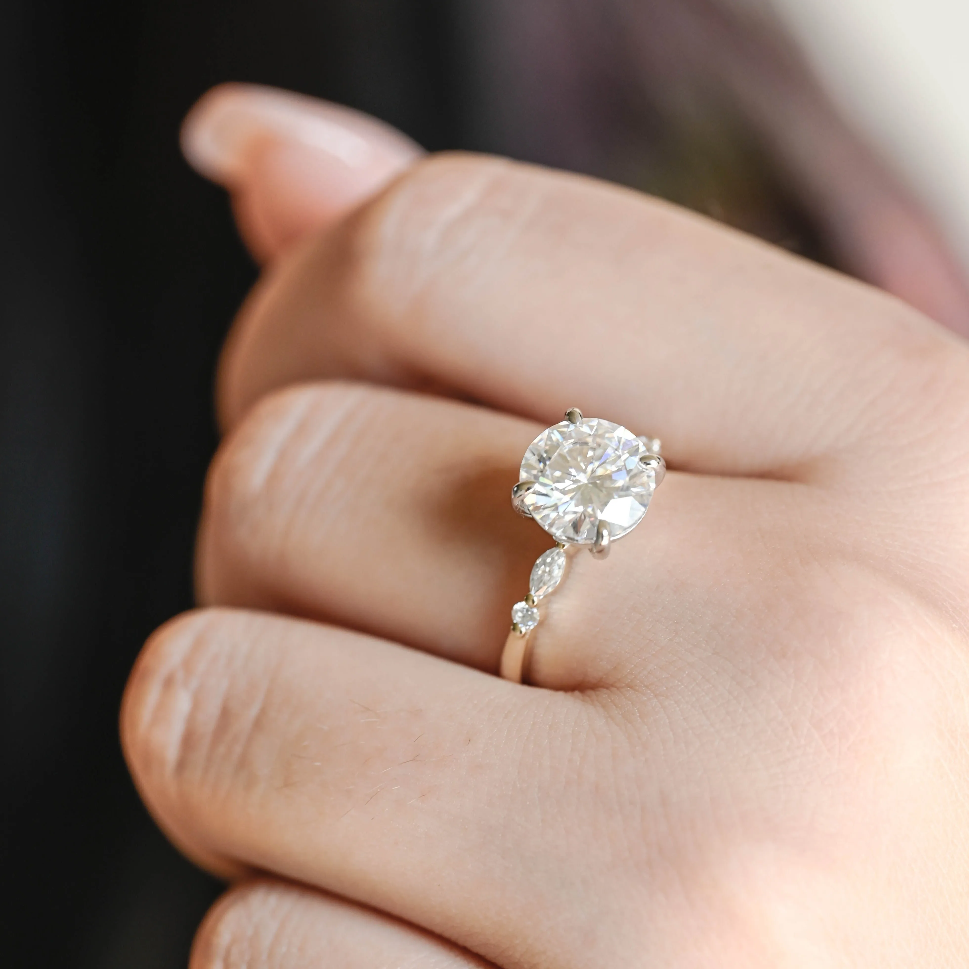 CausYou Solid Gold D/VS1 Two Tone Round Cut Lab Grown Diamond Engagement Ring, Marquise Accents Wedding Ring for Women sold by Causyou product image thumbnail 4