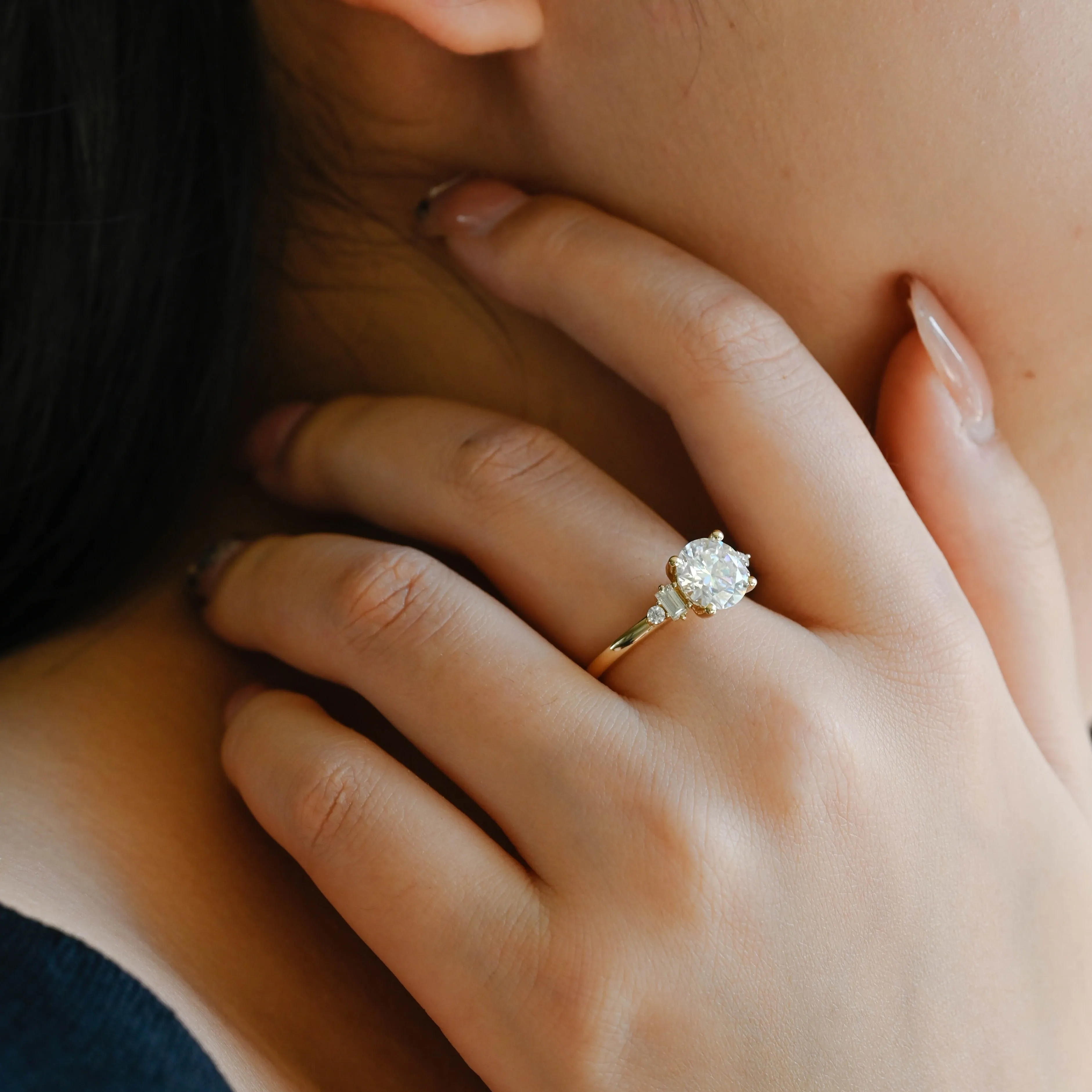 Solid Gold Side Cluster Round Cut Moissanite Engagement Ring sold by Causyou product image thumbnail 4