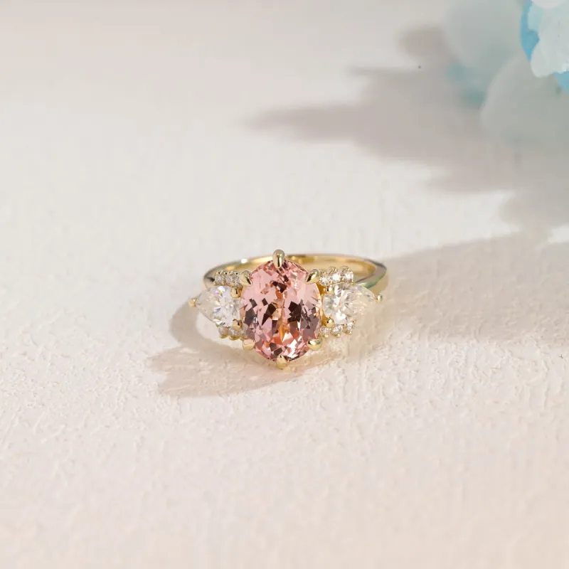 Solid Gold Side Cluster Oval Cut Lab Grown Pink Sapphire Engagement Ring sold by Causyou