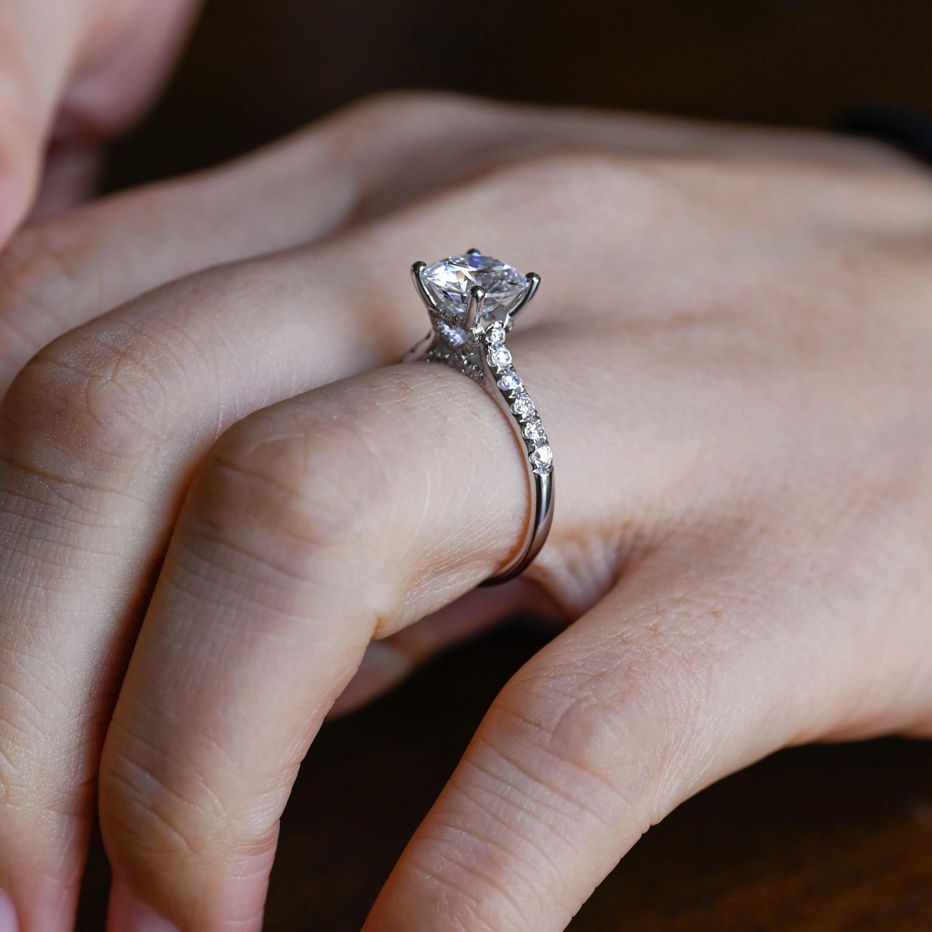 Solid Gold Round Cut Moissanite Engagement Ring Hidden Halo, Cathedral Ring sold by Causyou product image thumbnail 3