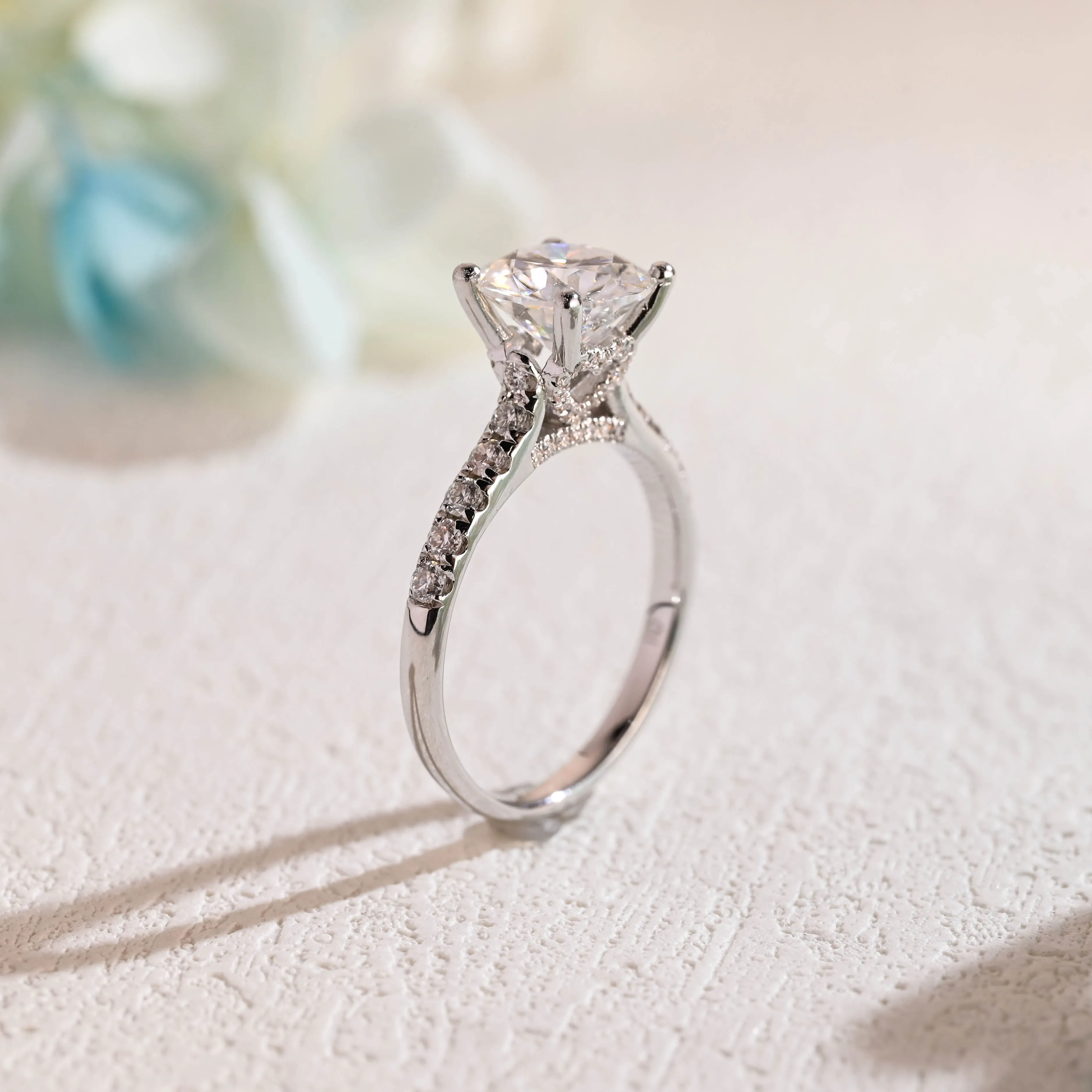 Solid Gold Round Cut Moissanite Engagement Ring Hidden Halo, Cathedral Ring sold by Causyou product image thumbnail 4