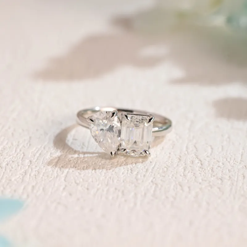Solid Gold Toi Et Moi Ring, Pear & Emerald Cut Moissanite Engagement Ring, Promise Ring sold by Causyou