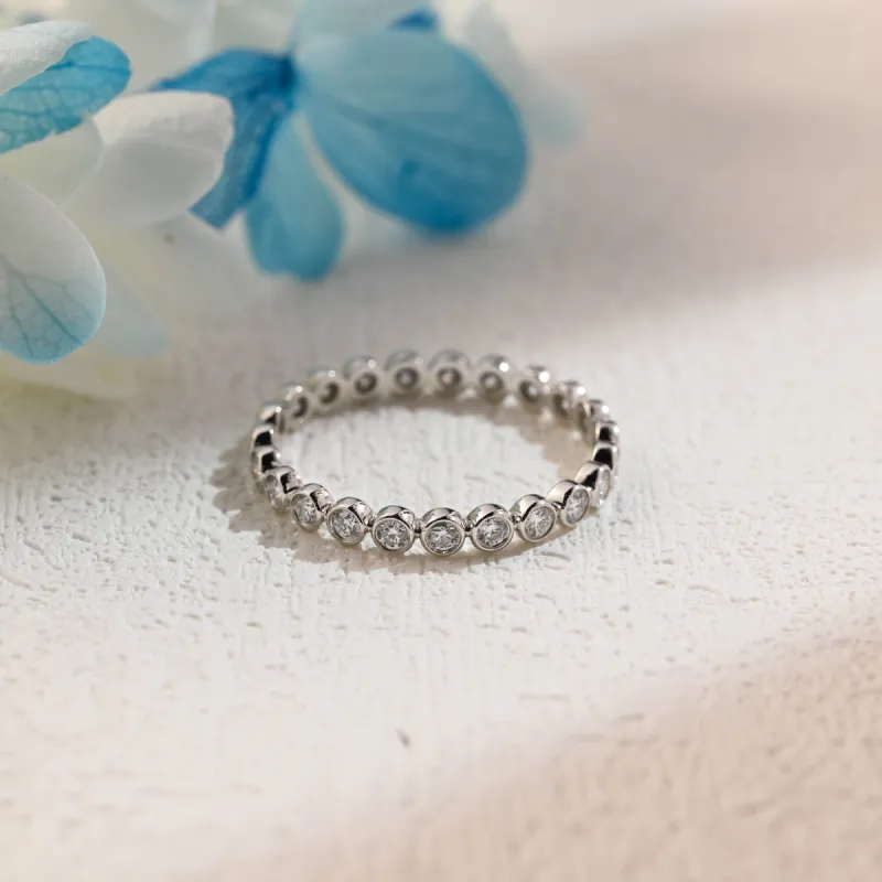 Solid Gold Round Cut Moissanite Wedding Band Bezel Ring, Full Eternity Wedding Band, Stacking Ring Matching Band, Gift for Women Wife sold by Causyou