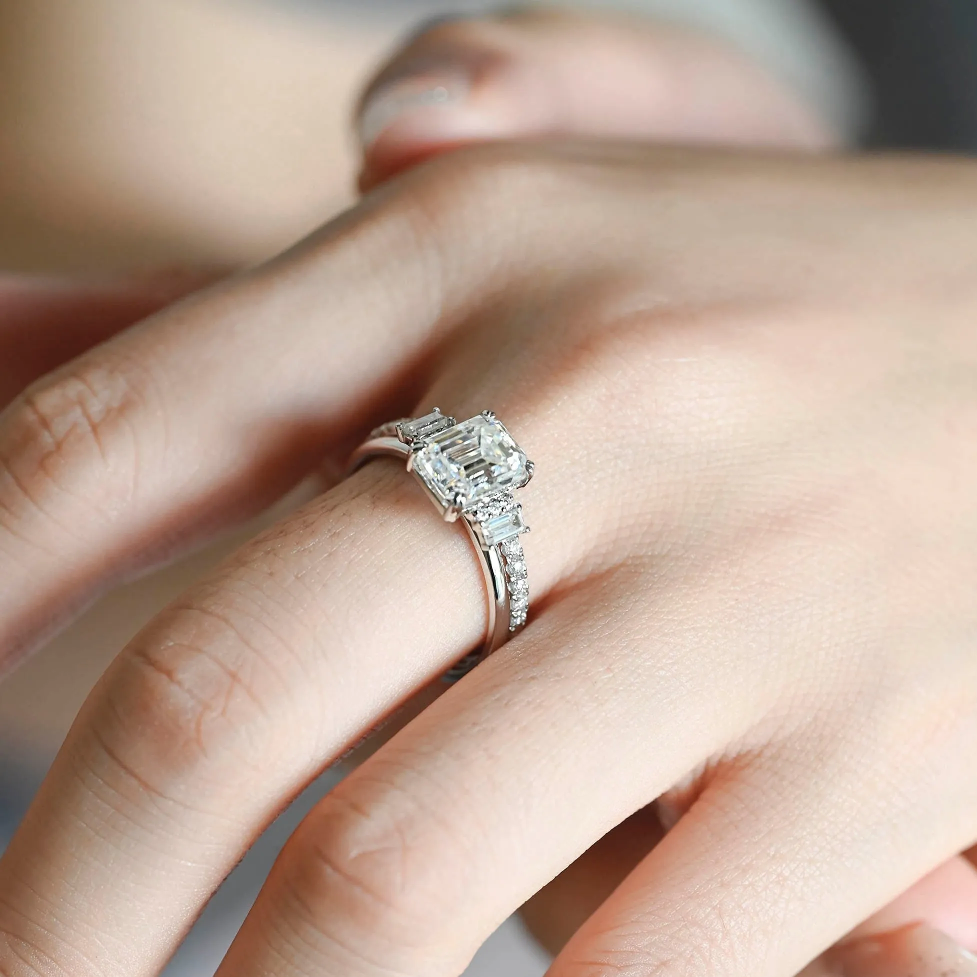 Solid Gold Emerald Cut Moissanite Wedding Ring Set sold by Causyou product image thumbnail 4