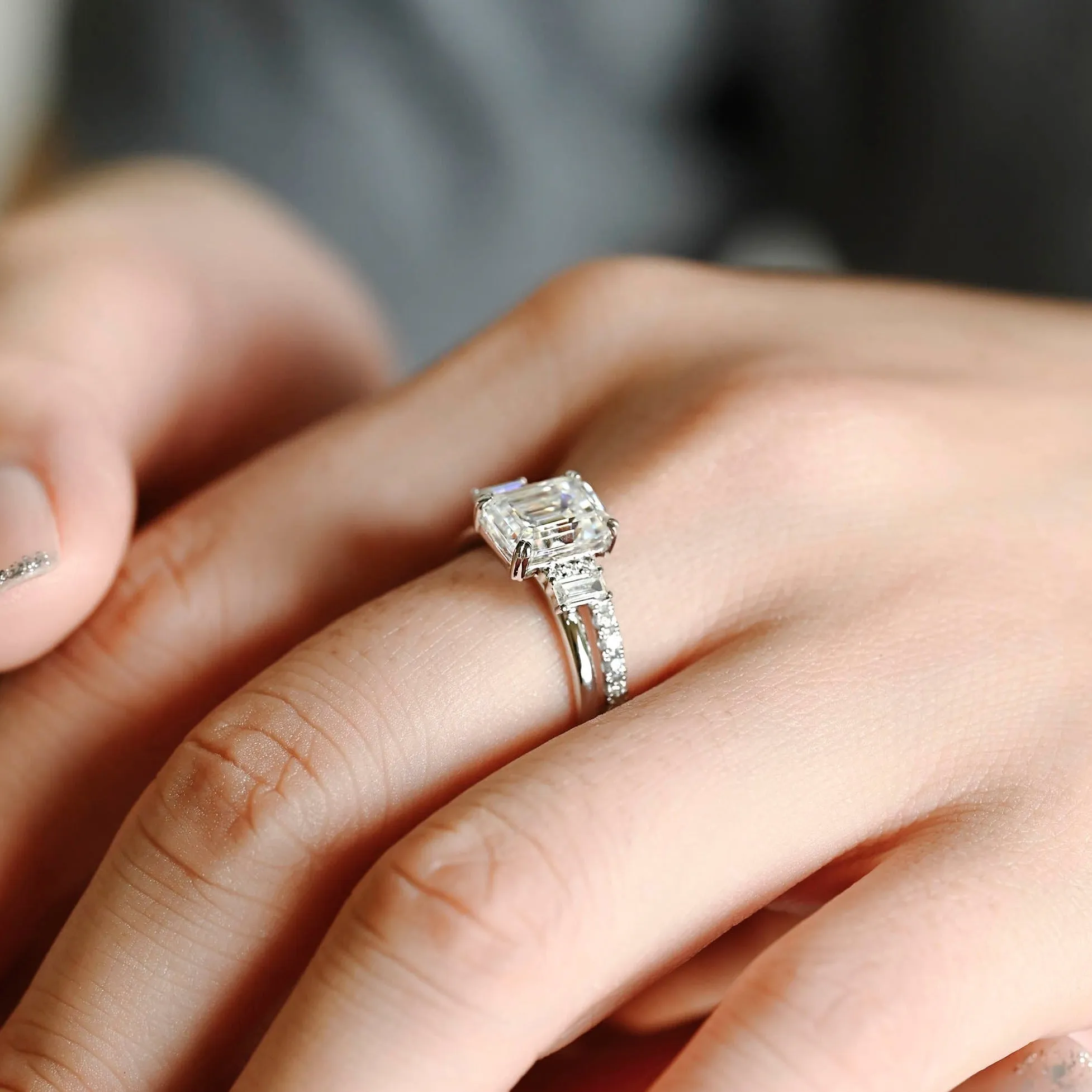 Solid Gold Emerald Cut Moissanite Wedding Ring Set sold by Causyou product image thumbnail 3