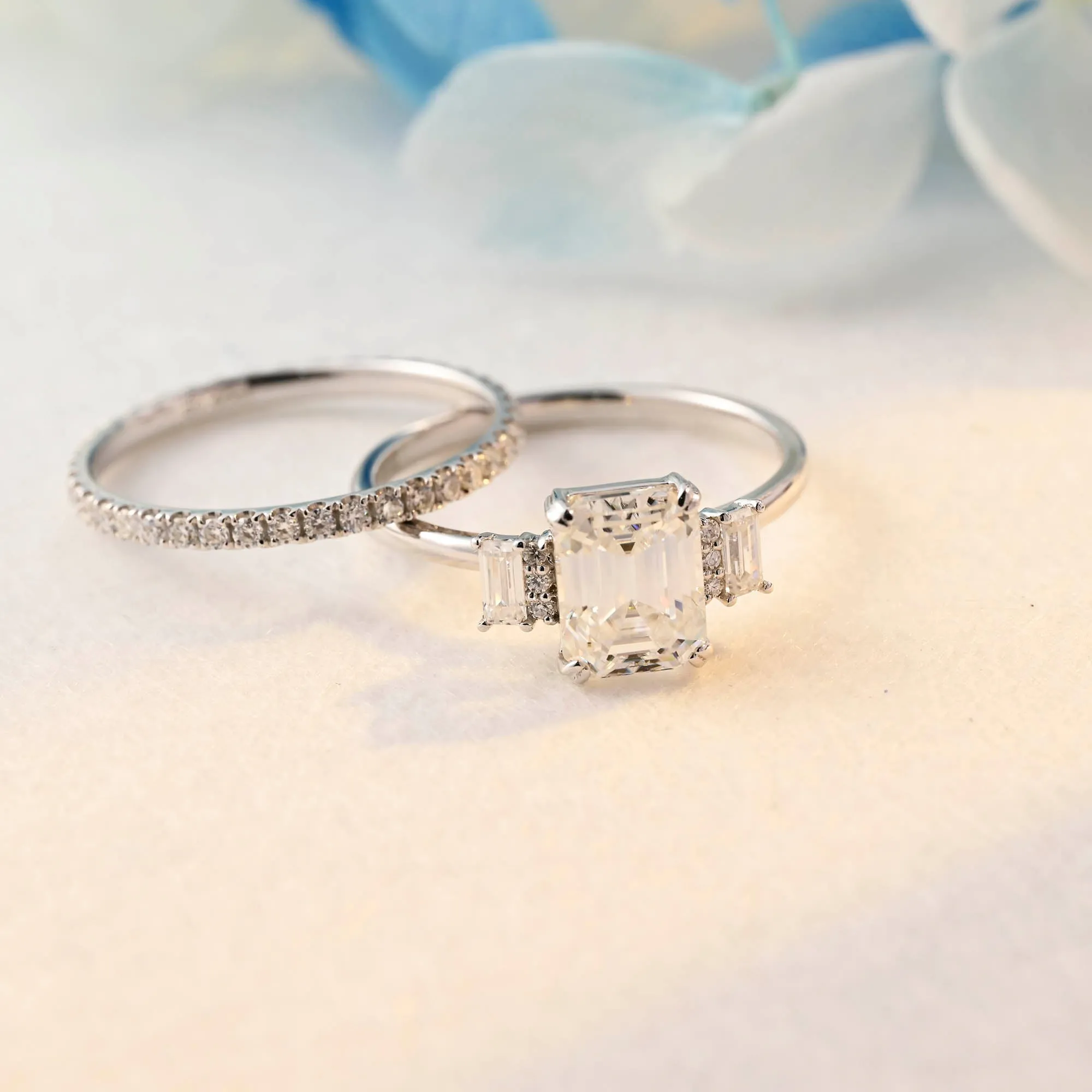 Solid Gold Emerald Cut Moissanite Wedding Ring Set sold by Causyou product image thumbnail 5