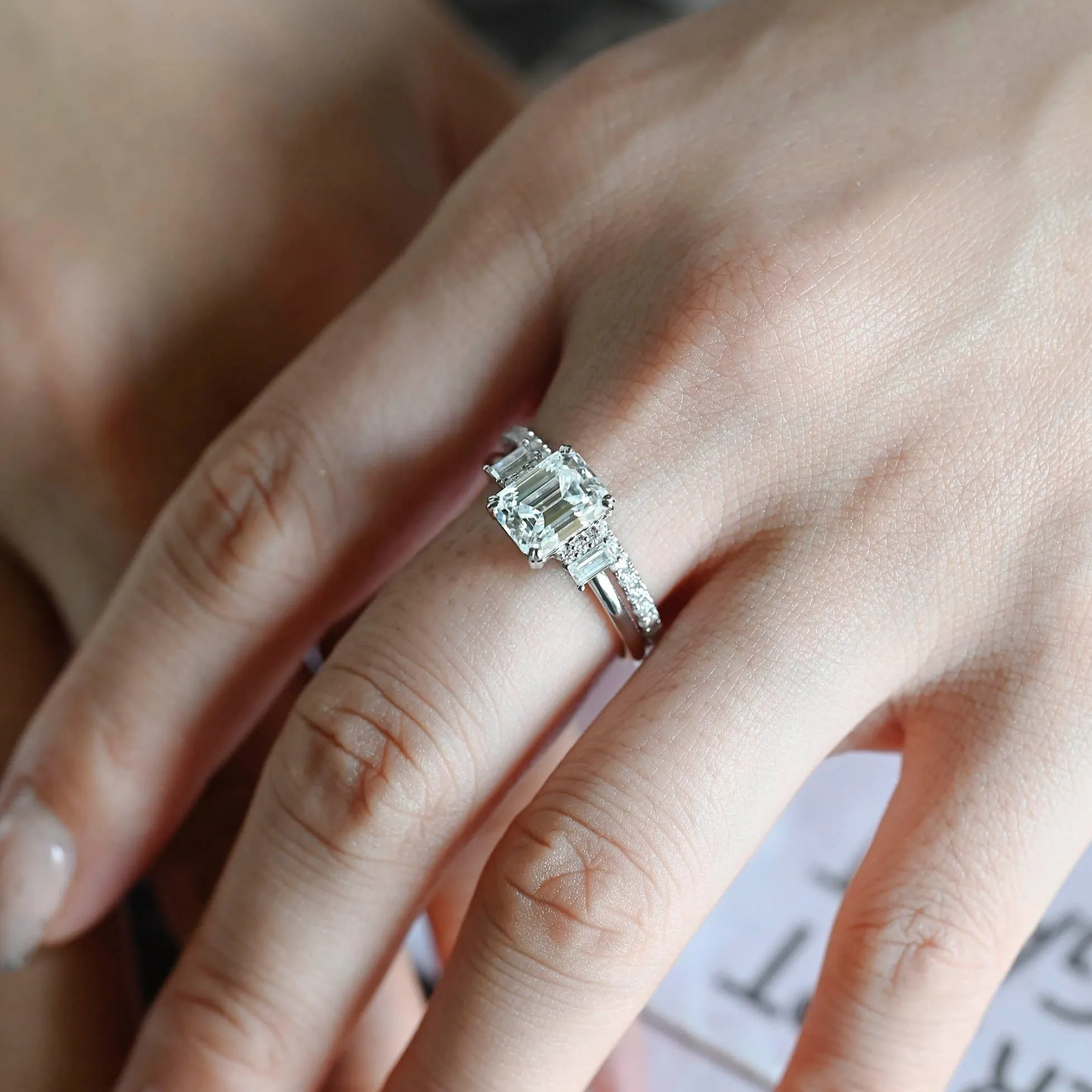 Solid Gold Emerald Cut Moissanite Wedding Ring Set sold by Causyou product image thumbnail 2