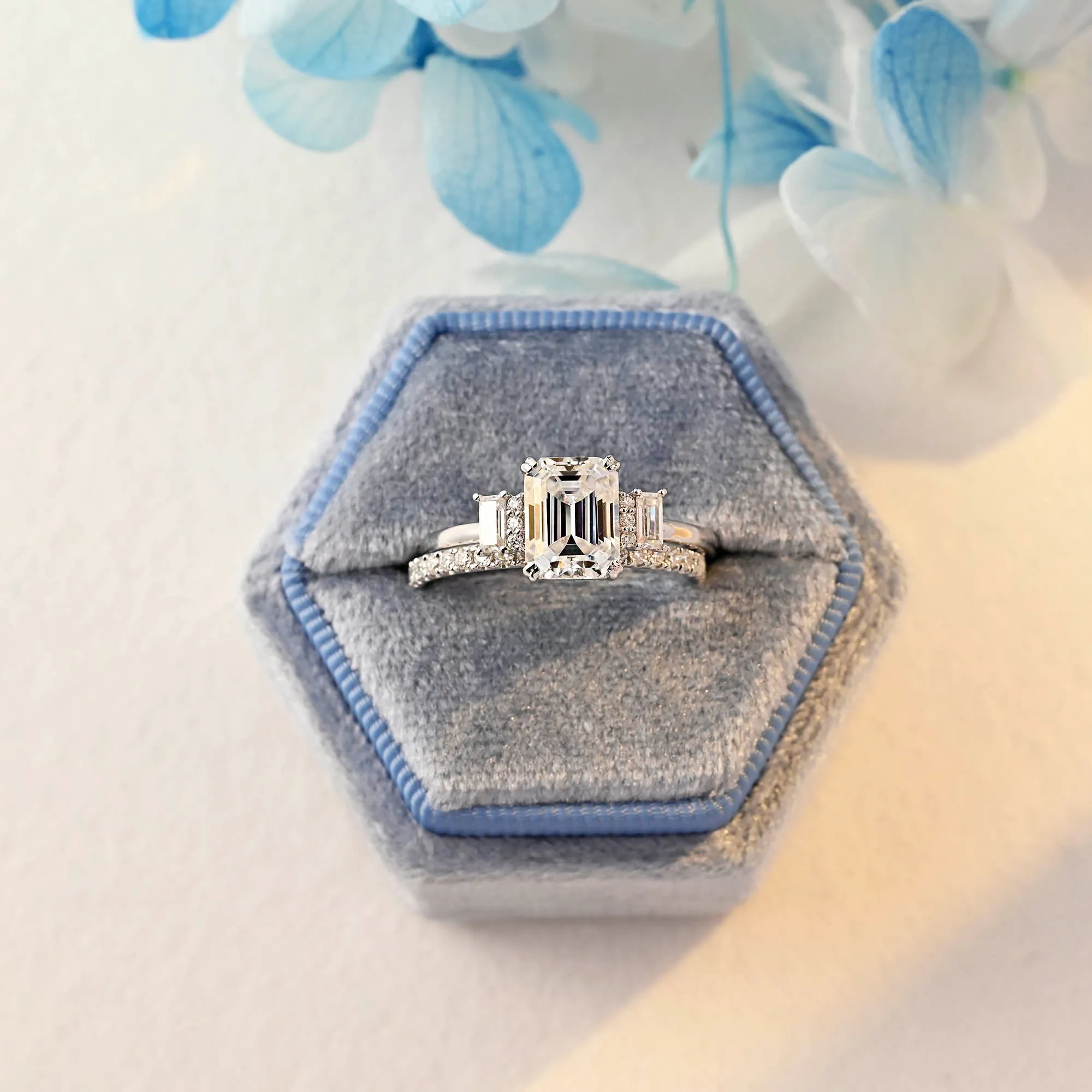 Solid Gold Emerald Cut Moissanite Wedding Ring Set sold by Causyou