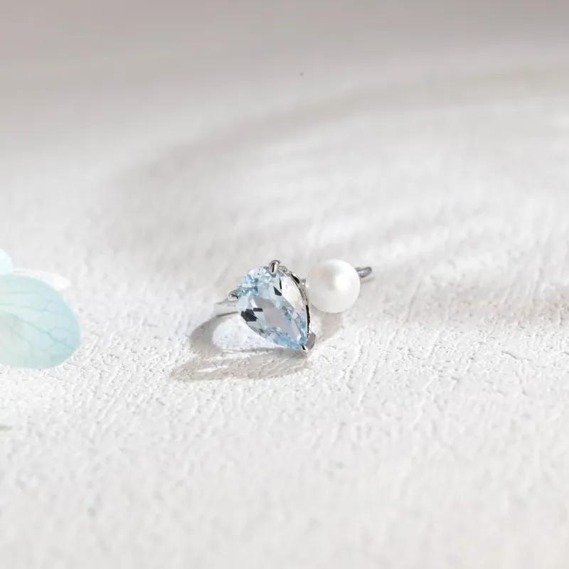 Solid Gold Pear Cut Lab Grown Aquamarine Engagement Ring, Pearl Ring, Promise Ring Proposal Ring, Gift for Women Wife sold by Causyou
