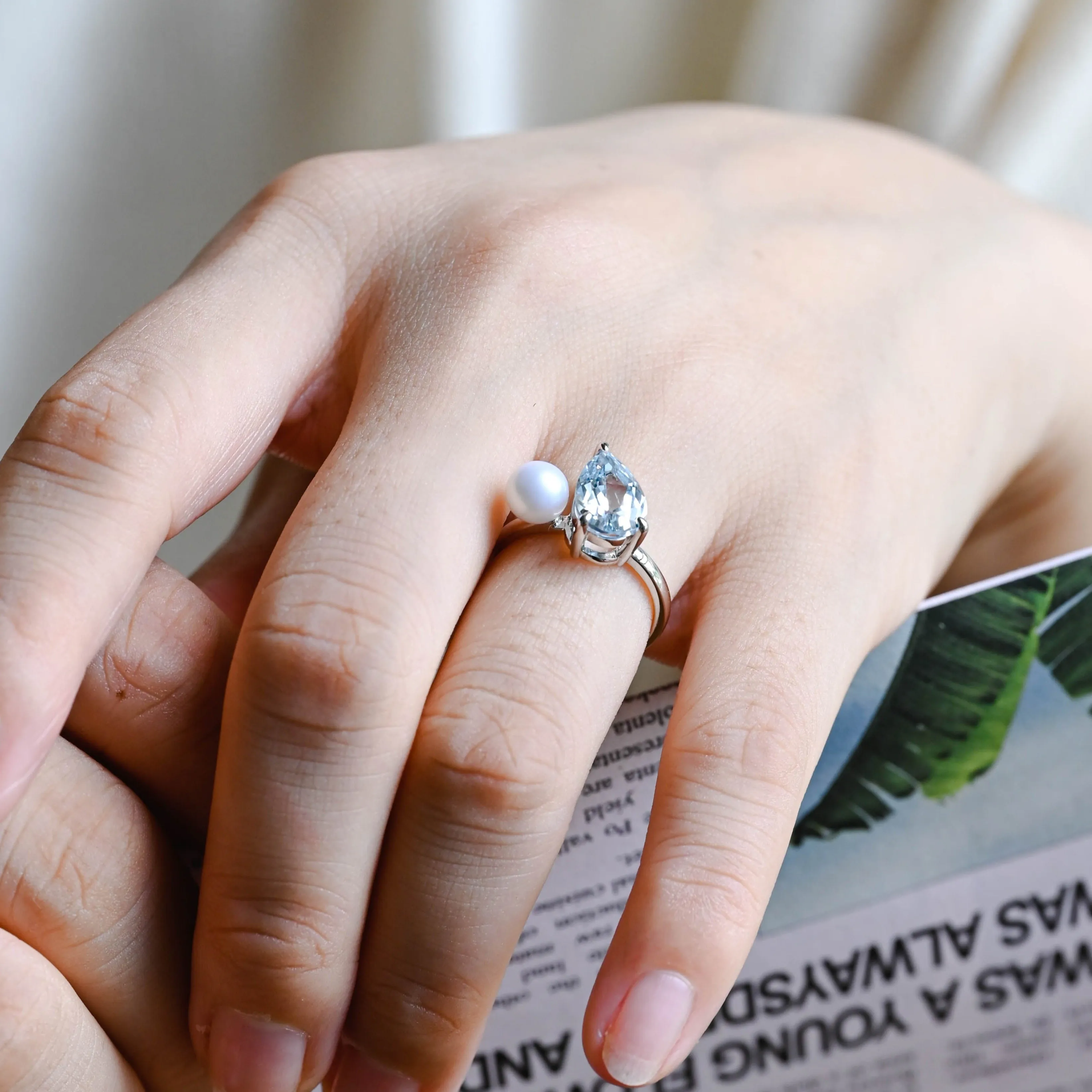 Solid Gold Pear Cut Lab Grown Aquamarine Engagement Ring, Pearl Ring, Promise Ring Proposal Ring, Gift for Women Wife sold by Causyou product image thumbnail 4
