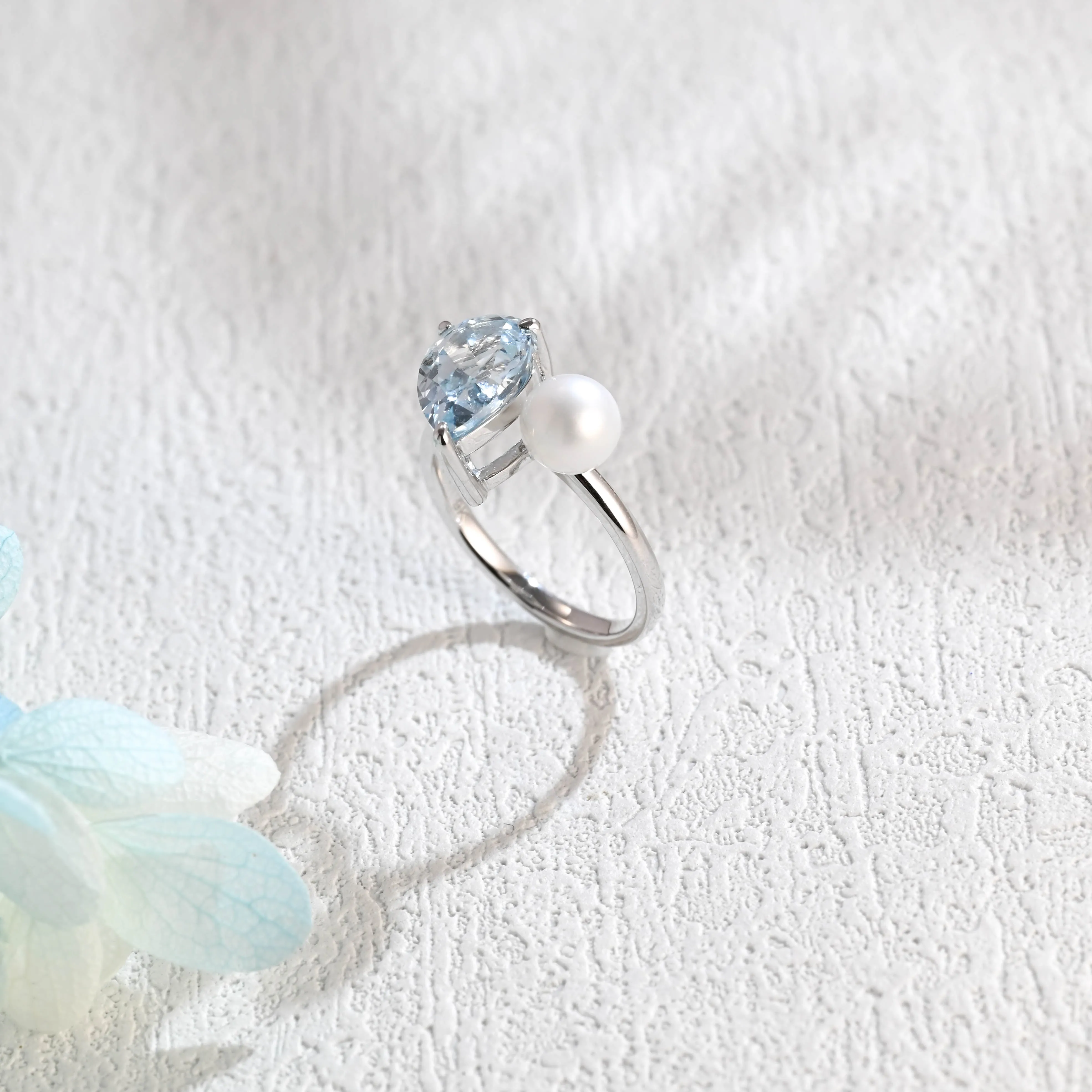 Solid Gold Pear Cut Lab Grown Aquamarine Engagement Ring, Pearl Ring, Promise Ring Proposal Ring, Gift for Women Wife sold by Causyou product image thumbnail 5