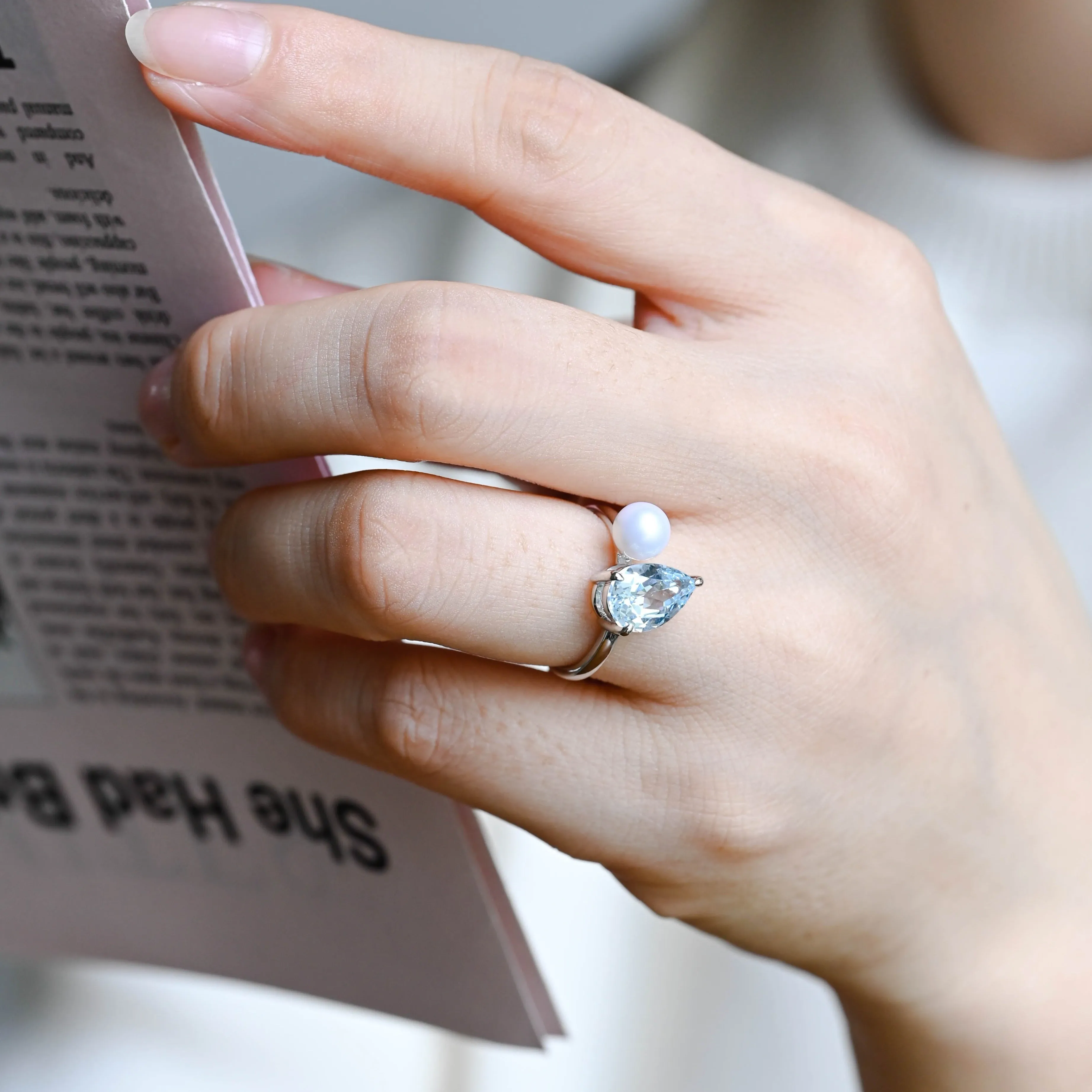 Solid Gold Pear Cut Lab Grown Aquamarine Engagement Ring, Pearl Ring, Promise Ring Proposal Ring, Gift for Women Wife sold by Causyou product image thumbnail 2