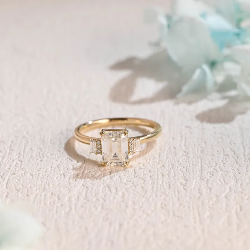 Solid Gold Emerald Cut Moissanite Engagement Ring, Three Stone Promise Ring, Proposal Ring, Gift for Woman, Wife sold by Causyou