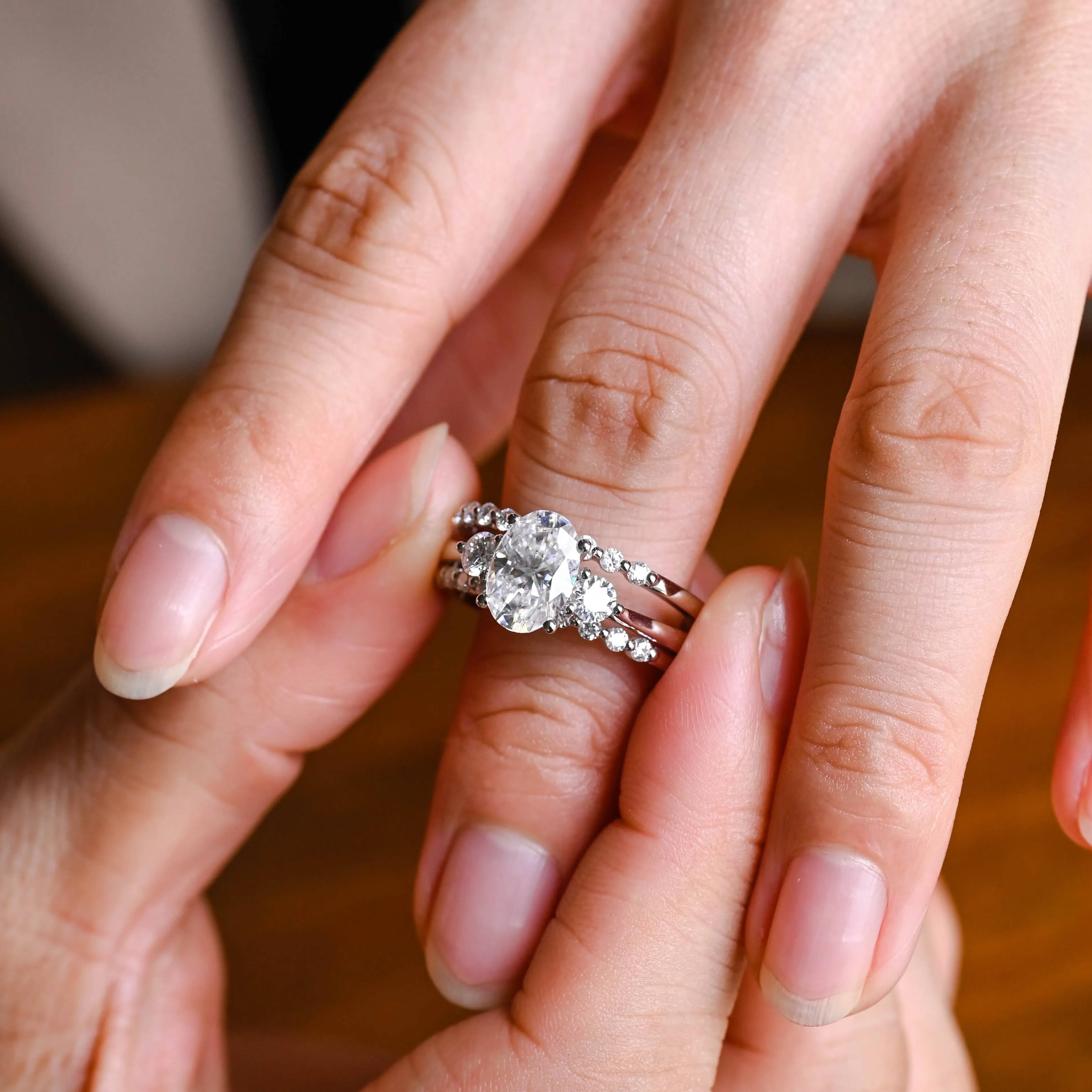 Solid Gold Oval Cut Moissanite Engagement Ring and Wedding Ring Set sold by Causyou product image thumbnail 2