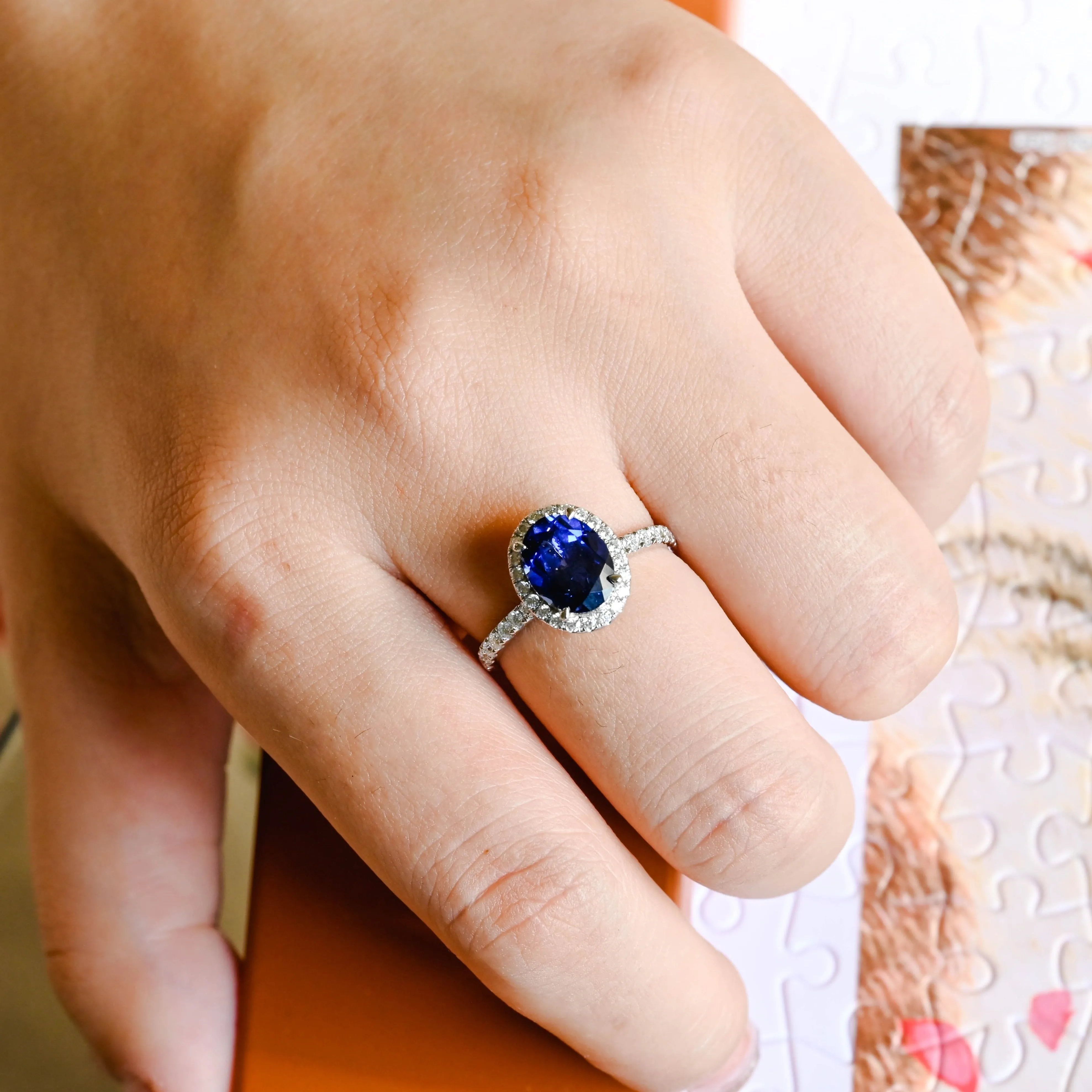 Solid Gold Halo Oval Cut Lab Grown Sapphire Engagement Ring sold by Causyou product image thumbnail 4