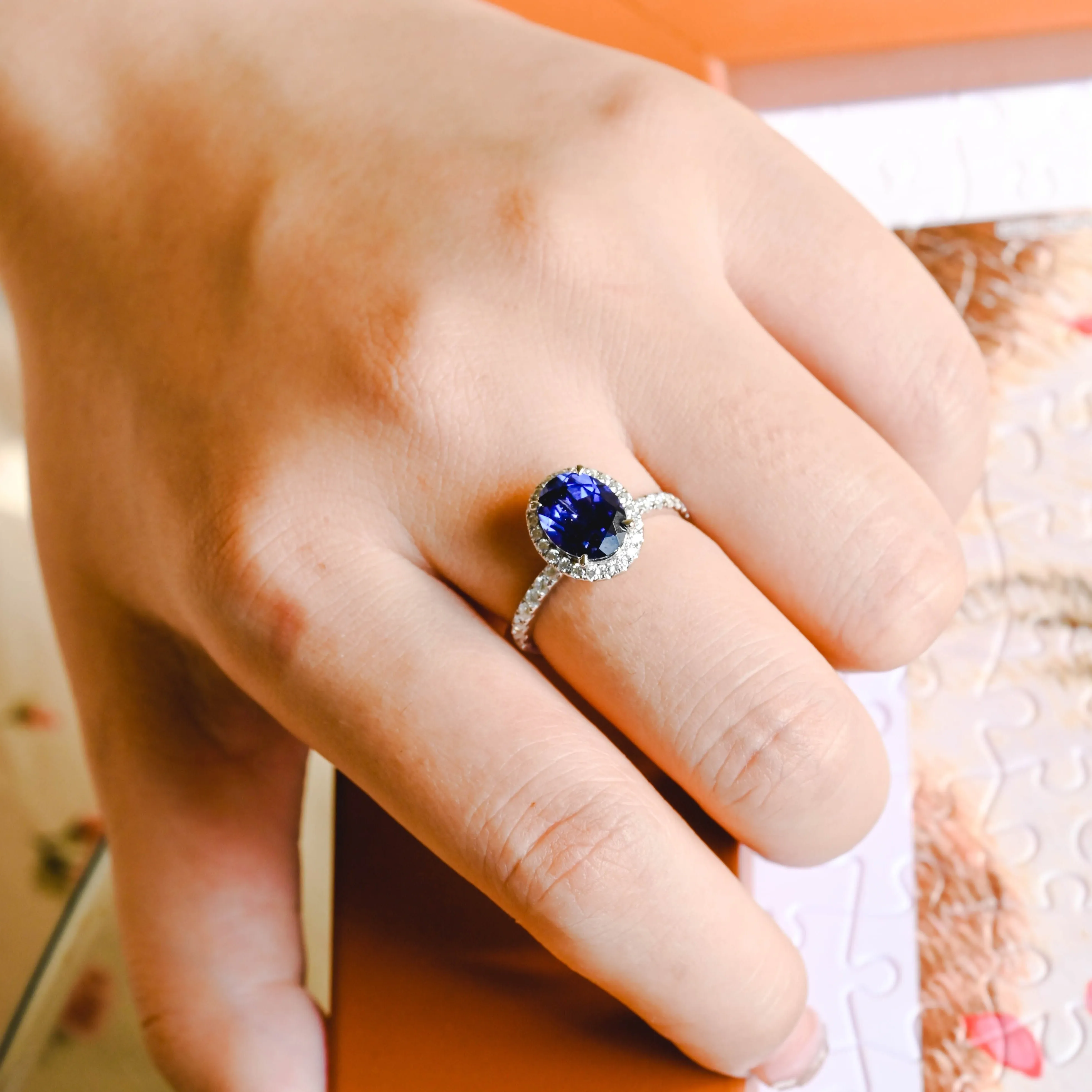Solid Gold Halo Oval Cut Lab Grown Sapphire Engagement Ring sold by Causyou product image thumbnail 2
