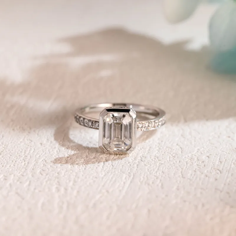 Solid Gold Bezel Emerald Cut Moissanite Engagement Ring sold by Causyou