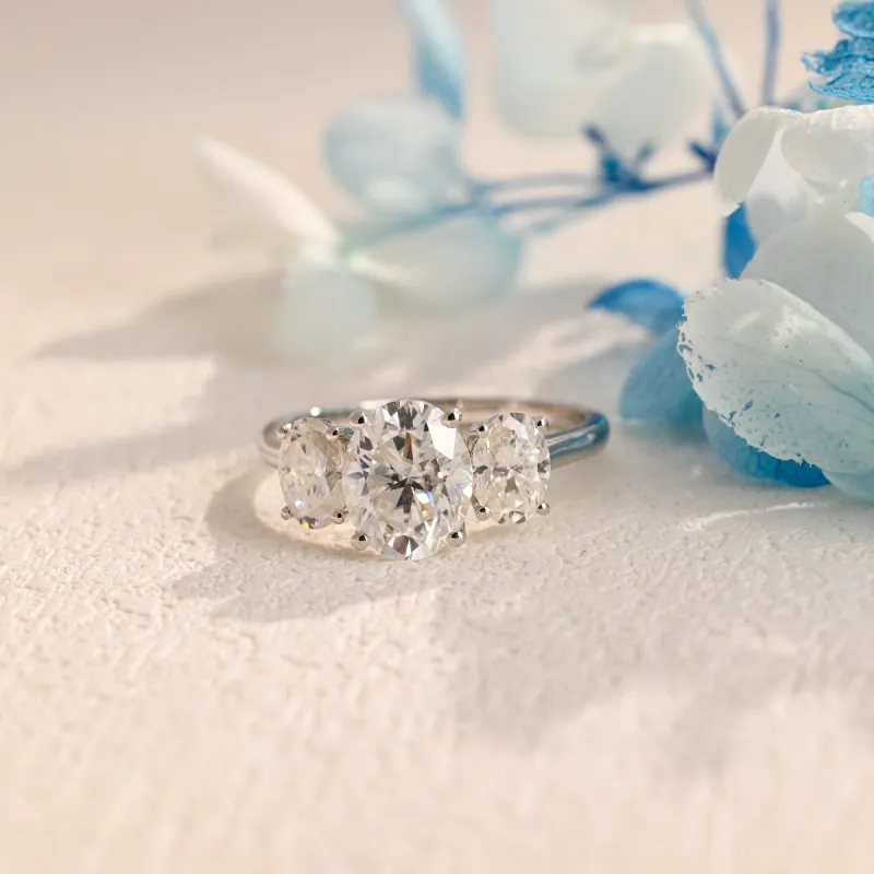 Solid Gold Three Stone Oval Cut Moissanite Engagement Ring made by Causyou
