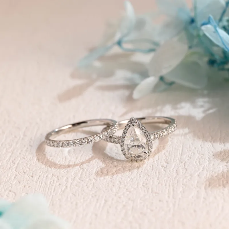 Solid Gold Halo Pear Cut Moissanite Engagement Ring and Wedding Ring Set sold by Causyou