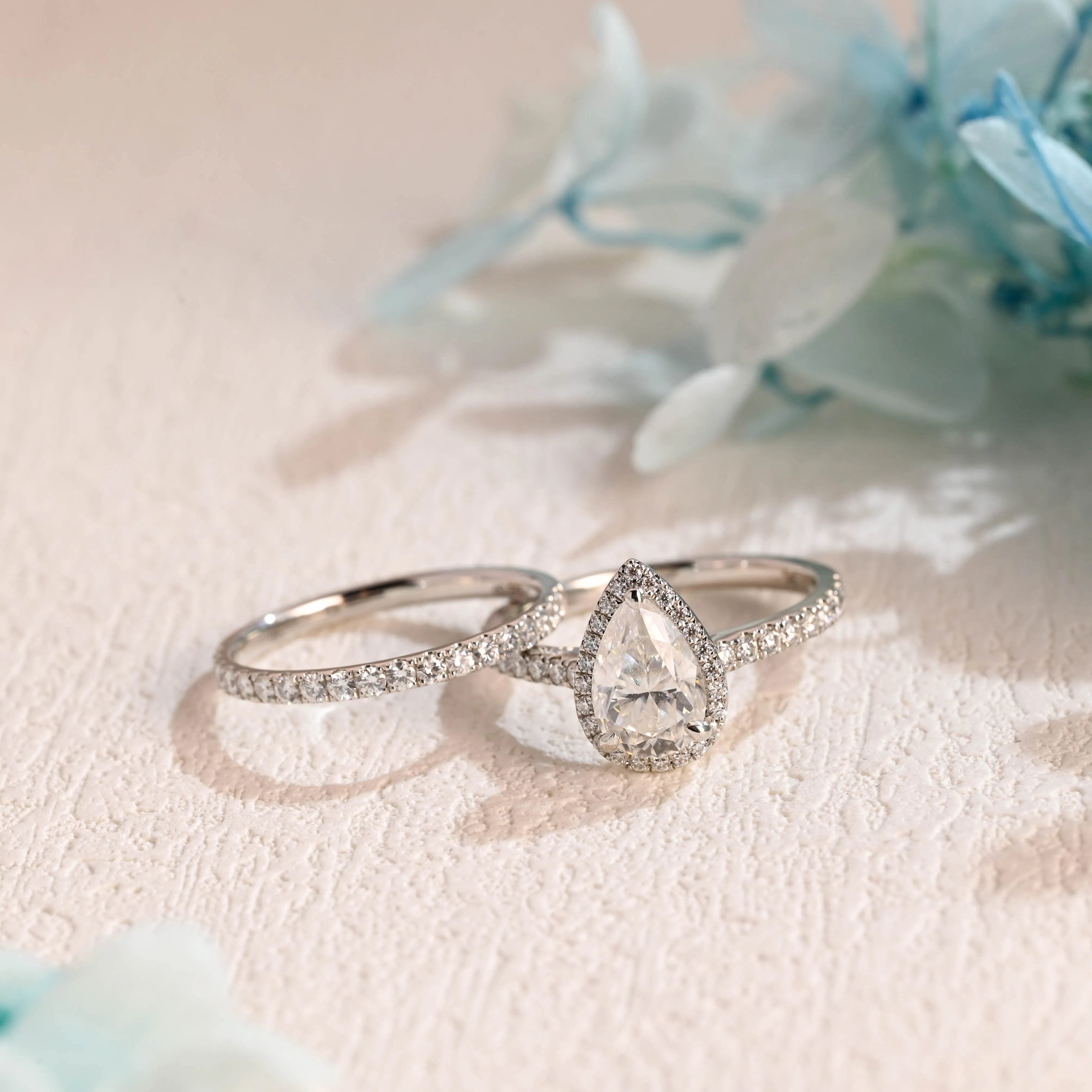 Solid Gold Halo Pear Cut Moissanite Engagement Ring and Wedding Ring Set sold by Causyou