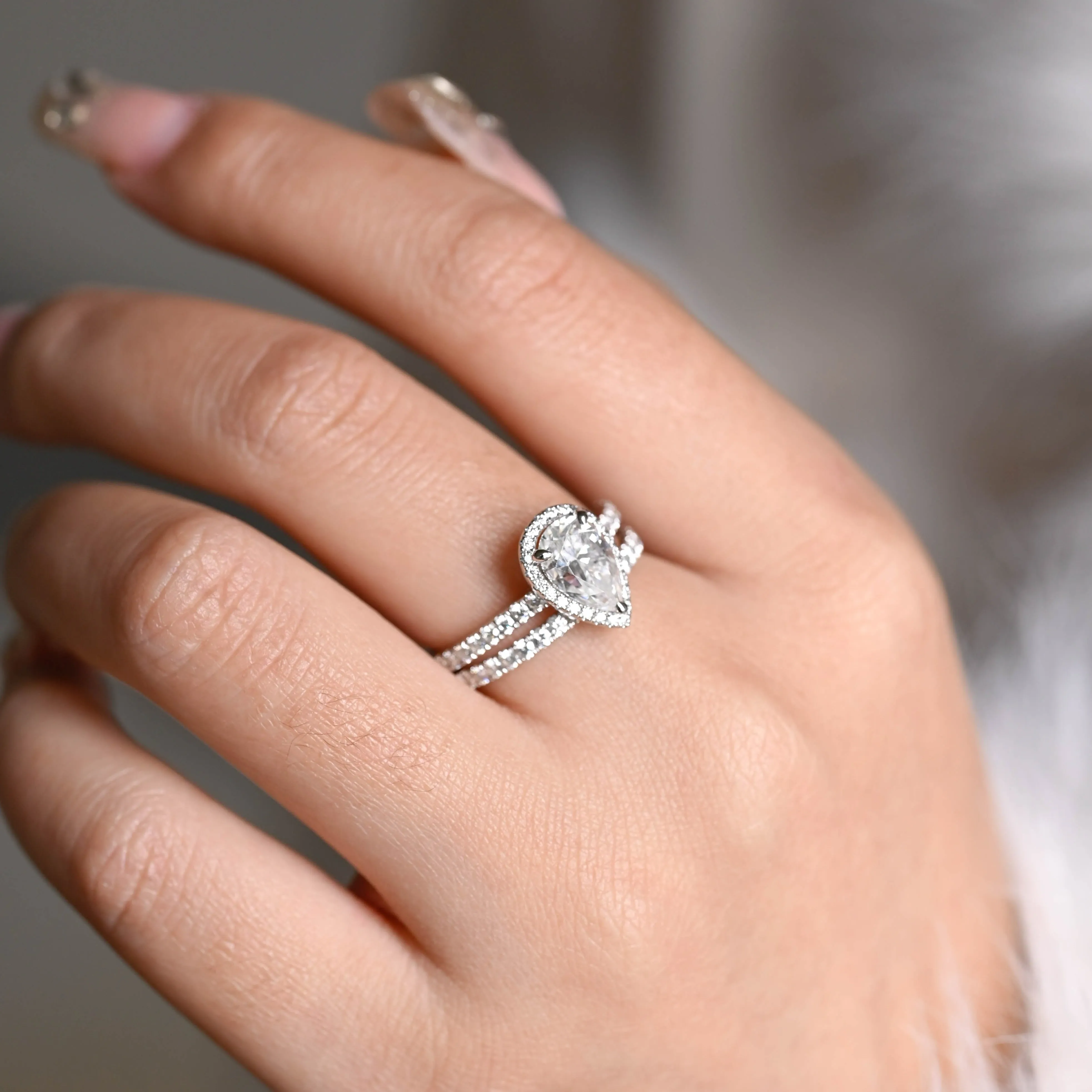 Solid Gold Halo Pear Cut Moissanite Engagement Ring and Wedding Ring Set sold by Causyou product image thumbnail 2