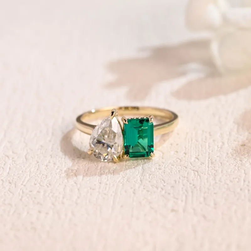 Solid Gold Toi Et Moi Ring, Pear Cut Moissanite & Lab Grown Emerald Engagement Ring, Promise Ring sold by Causyou