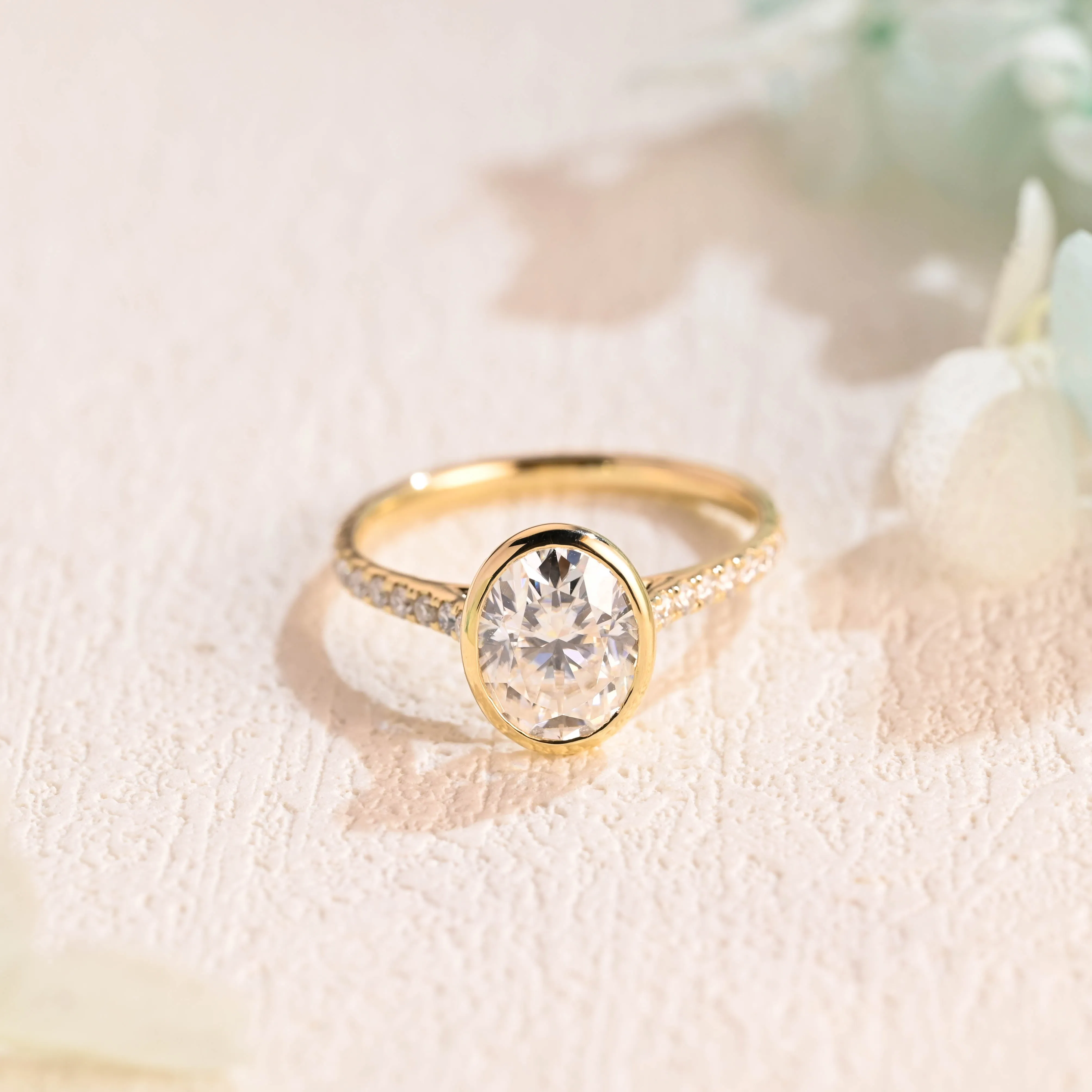 Solid Gold Bezel Oval Moissanite Engagement Ring, Cathedral Setting Pave Promise Ring sold by Causyou