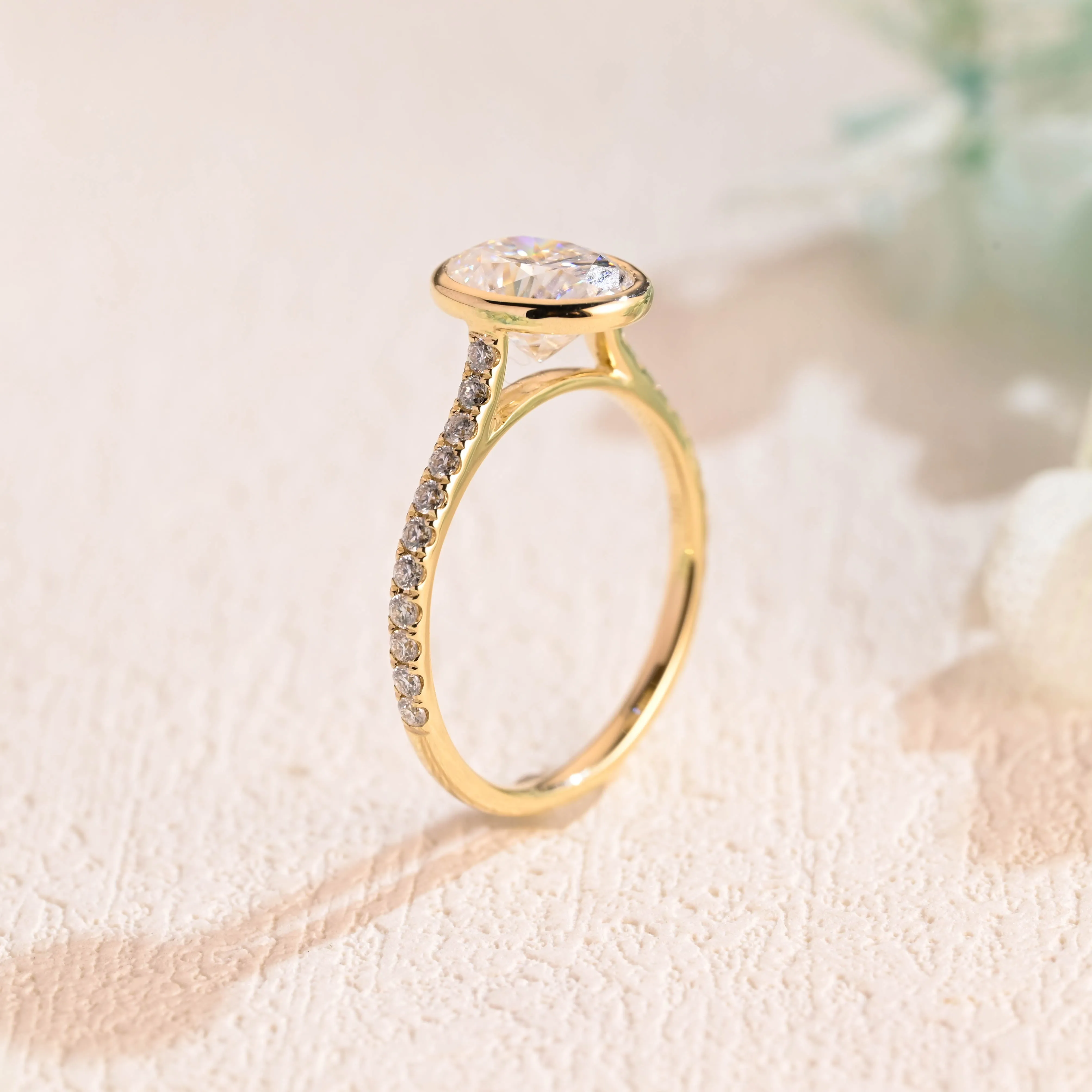 Solid Gold Bezel Oval Moissanite Engagement Ring, Cathedral Setting Pave Promise Ring sold by Causyou product image thumbnail 5