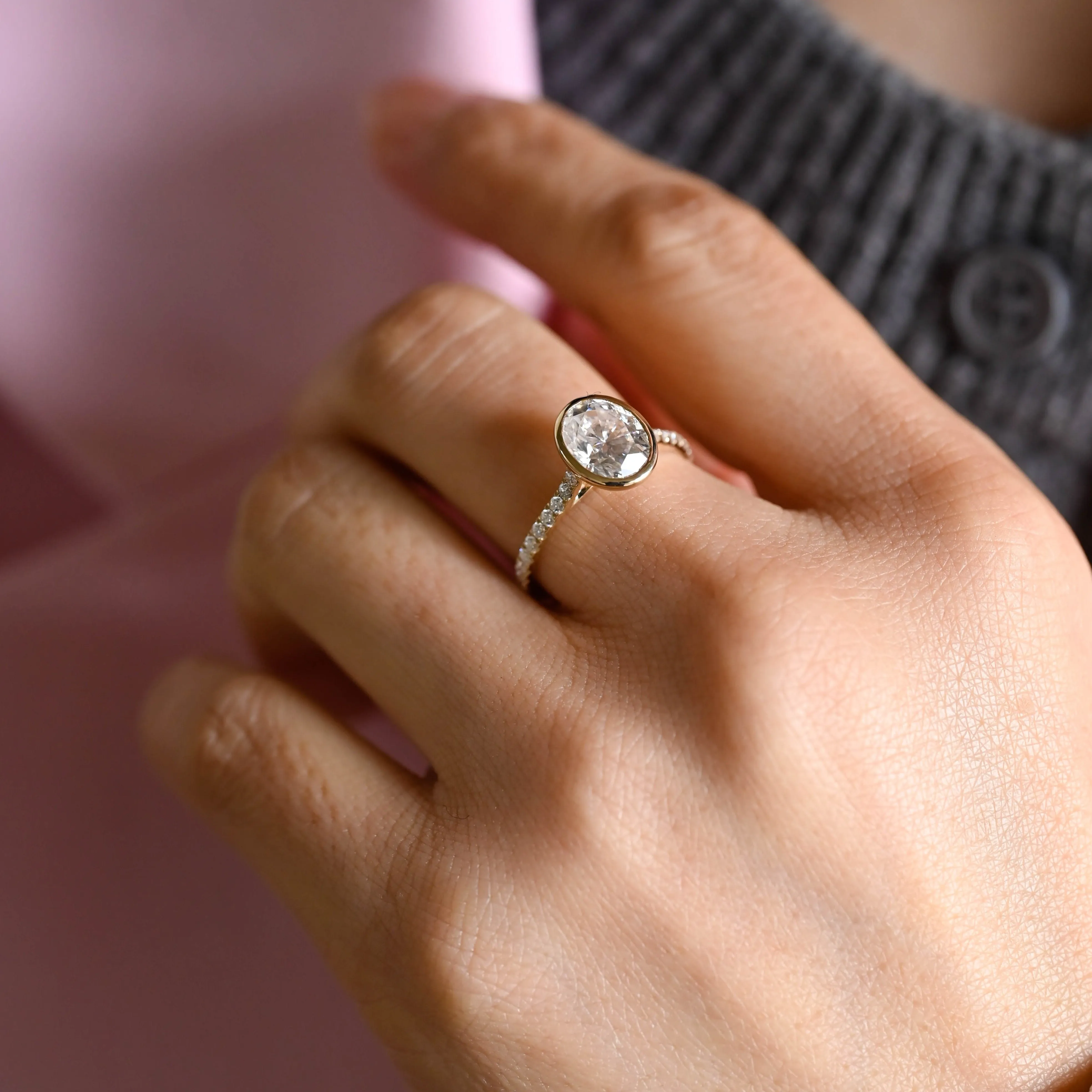 Solid Gold Bezel Oval Moissanite Engagement Ring, Cathedral Setting Pave Promise Ring sold by Causyou product image thumbnail 2