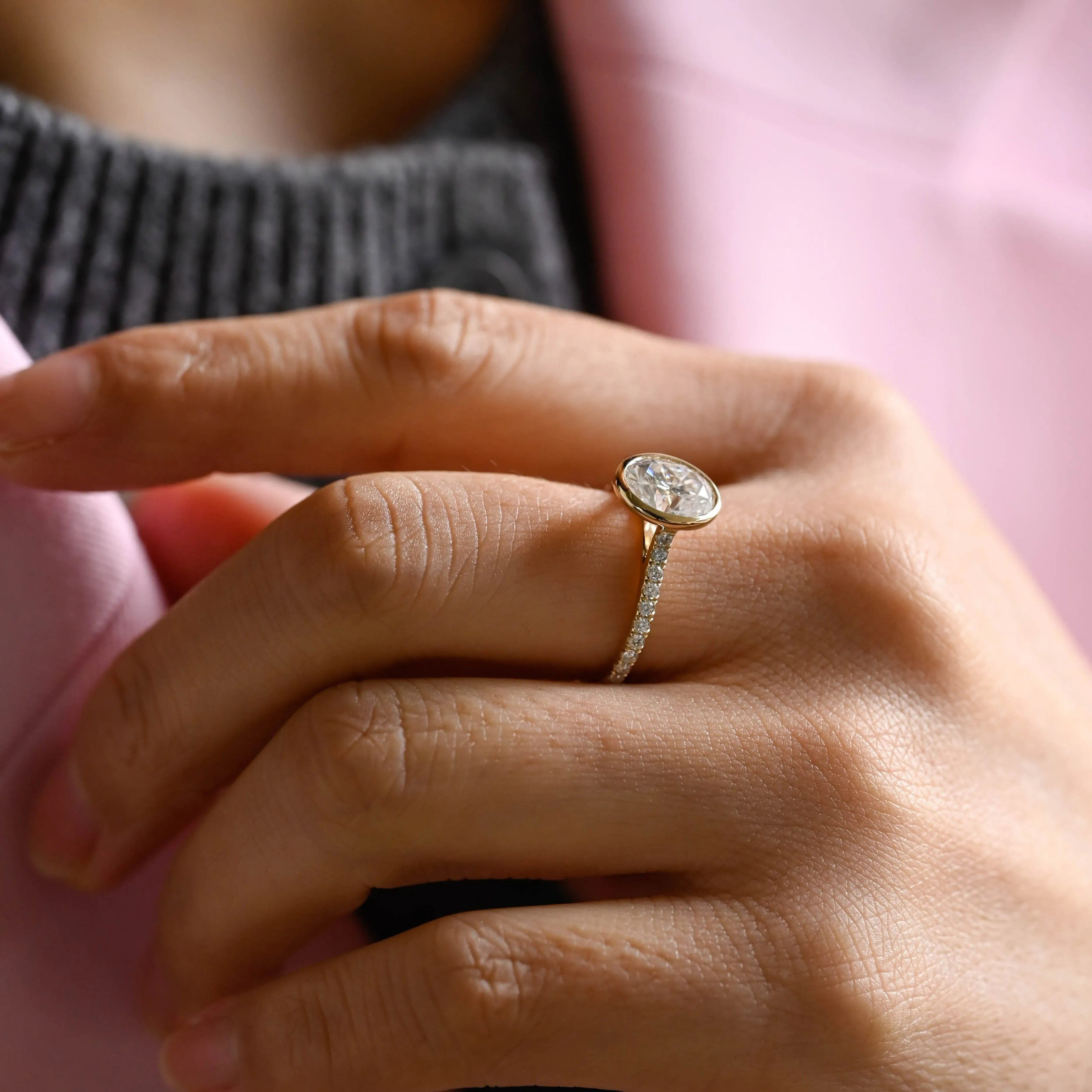 Solid Gold Bezel Oval Moissanite Engagement Ring, Cathedral Setting Pave Promise Ring sold by Causyou product image thumbnail 4