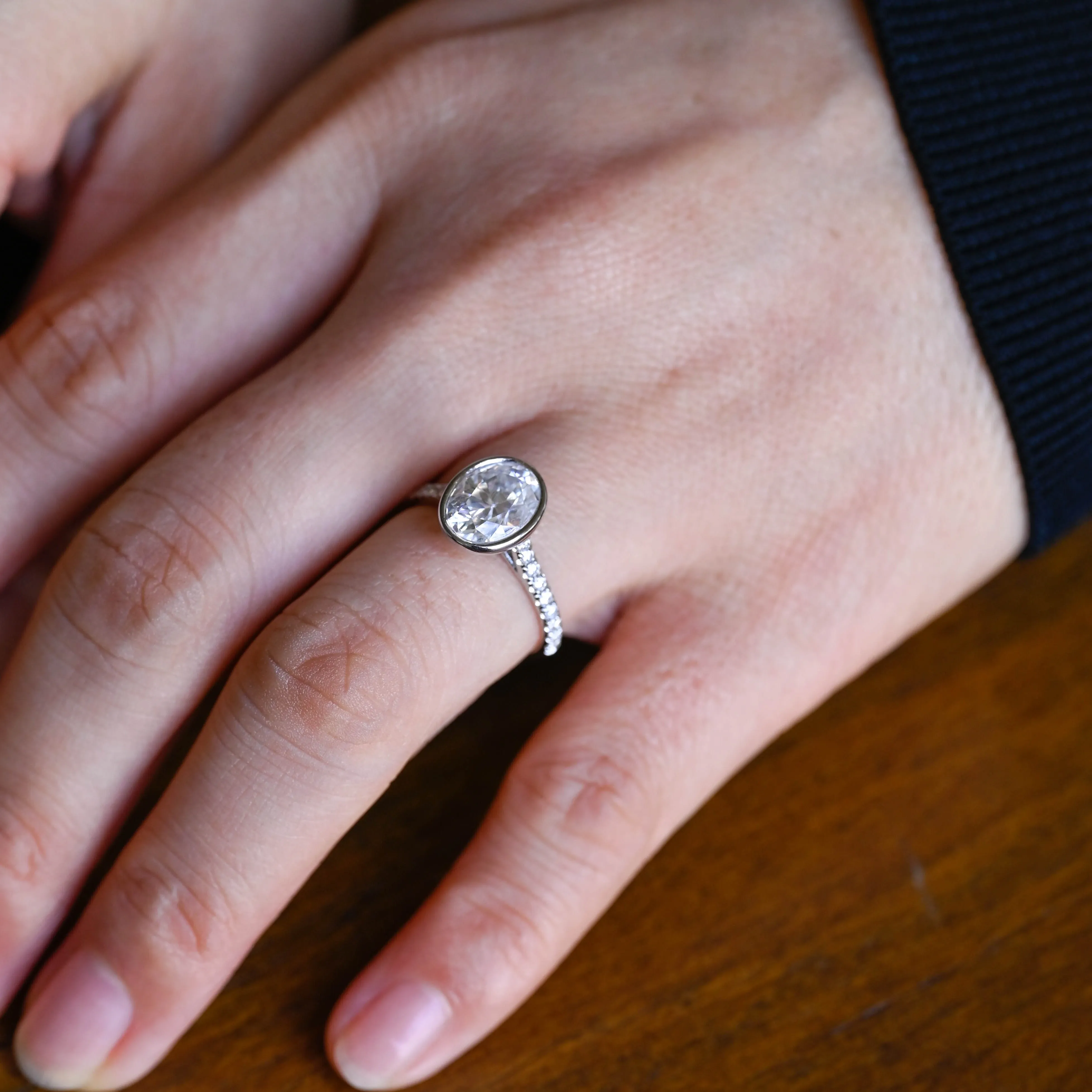 Solid Gold Bezel Oval Moissanite Engagement Ring, Cathedral Setting Pave Promise Ring sold by Causyou product image thumbnail 3