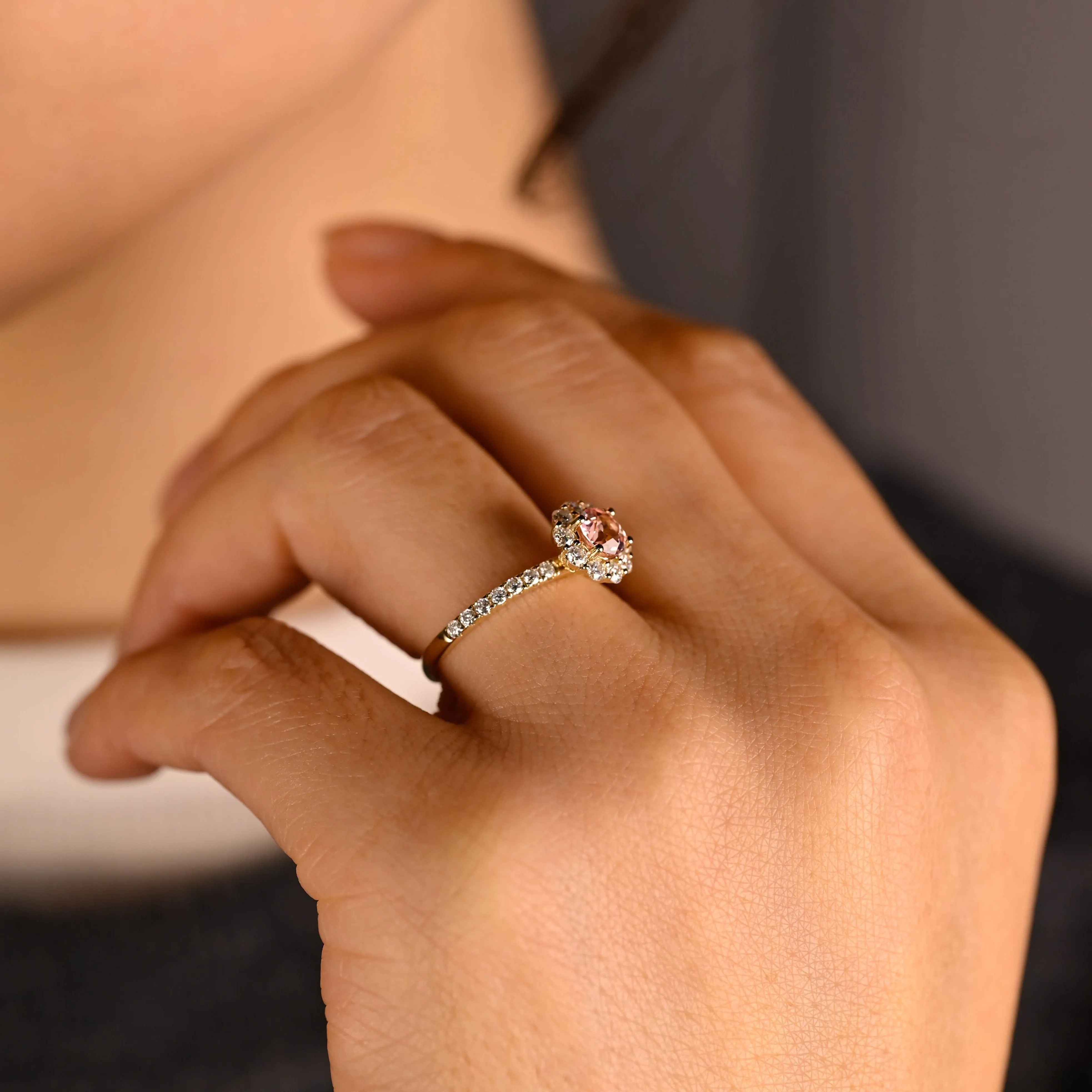 CausYou Solid Gold Floral Round Cut Lab Grown Pink Sapphire Ring, Half Eternity Moissanite Wedding Ring Birthstone Ring for Women sold by Causyou product image thumbnail 3