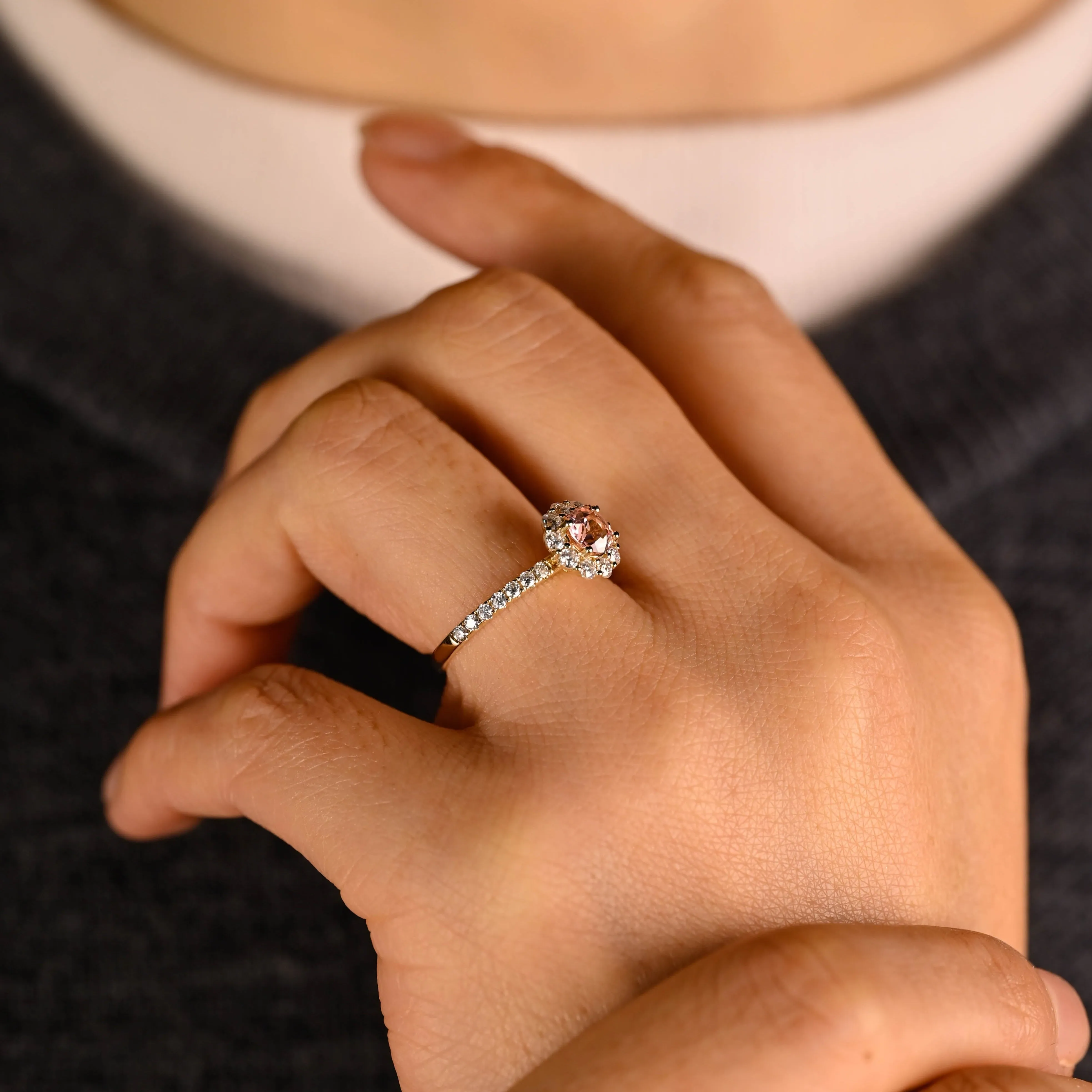 CausYou Solid Gold Floral Round Cut Lab Grown Pink Sapphire Ring, Half Eternity Moissanite Wedding Ring Birthstone Ring for Women sold by Causyou product image thumbnail 4