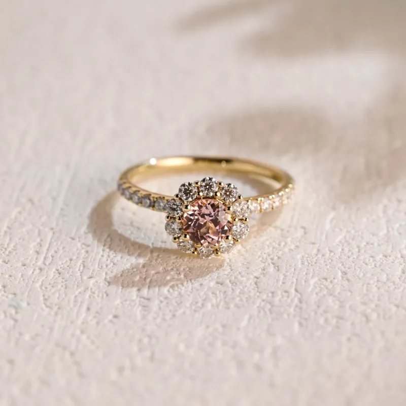 CausYou Solid Gold Floral Round Cut Lab Grown Pink Sapphire Ring, Half Eternity Moissanite Wedding Ring Birthstone Ring for Women sold by Causyou