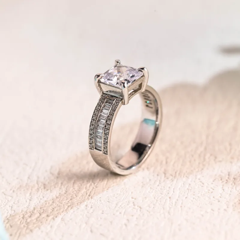 Solid Gold 5mm Width Asscher Cut Moissanite Engagement Ring, Baguette & Round Paved Promise Ring made by Causyou