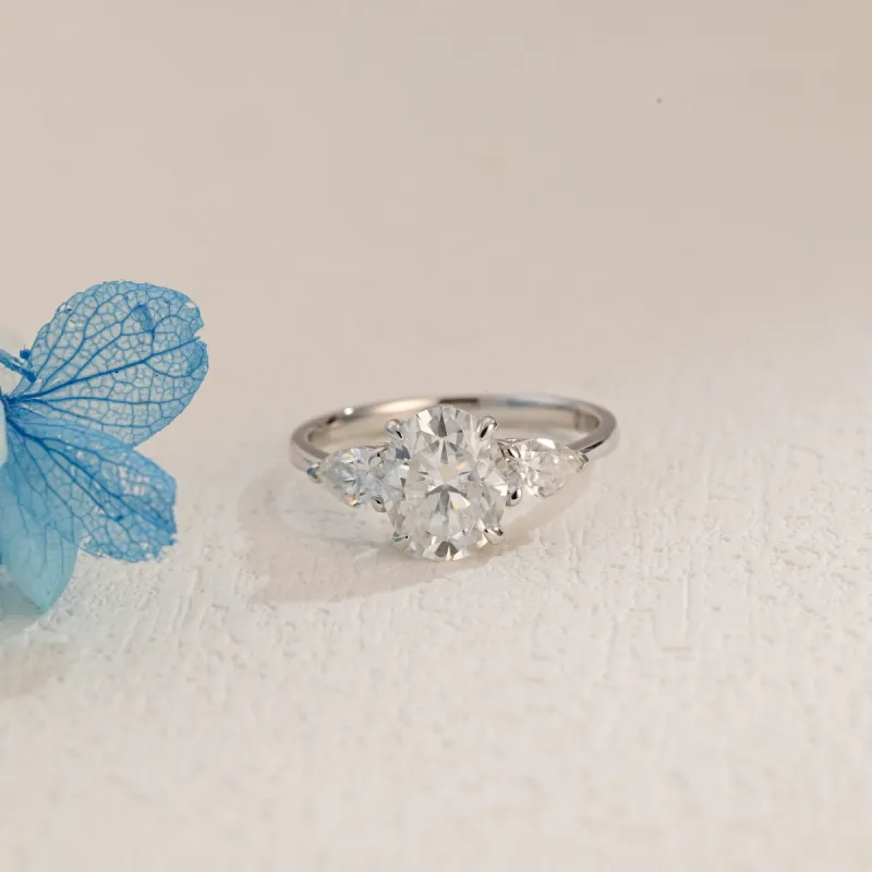 Solid Gold Oval Cut Moissanite Engagement Ring, Three Stone Promise Ring, Proposal Ring sold by Causyou