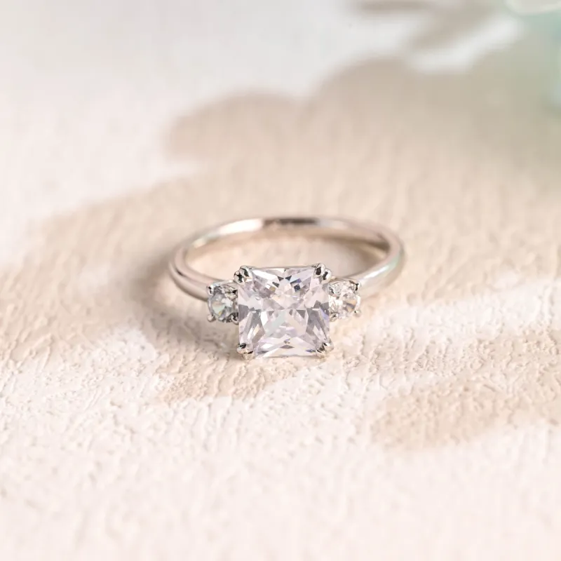Solid Gold Asscher Cut Moissanite Engagement Ring, Three Stone Promise Ring, Proposal Ring sold by Causyou