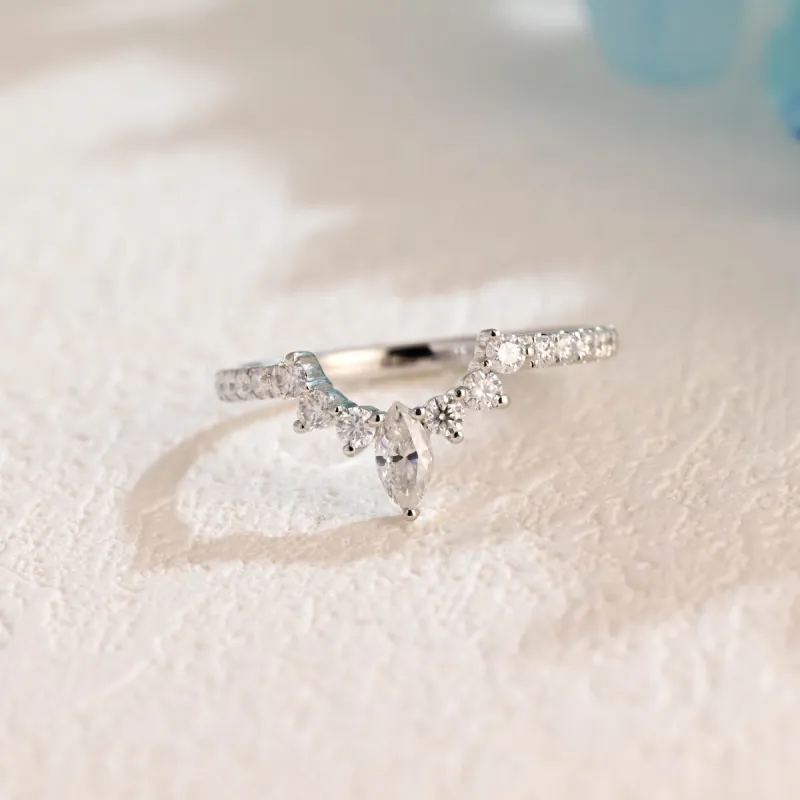 Solid Gold Curved Round & Marquise Moissanite Wedding Band, Half Eternity Wedding Ring sold by Causyou