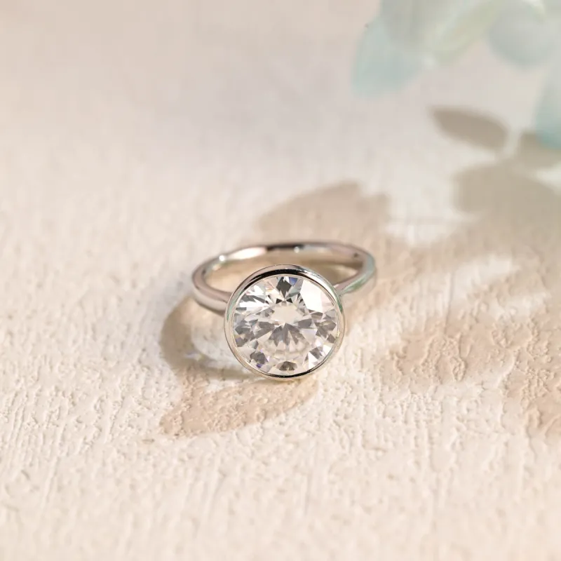 Solid Gold Bezel Round Cut Moissanite Engagement Ring, Solitaire Ring sold by Causyou
