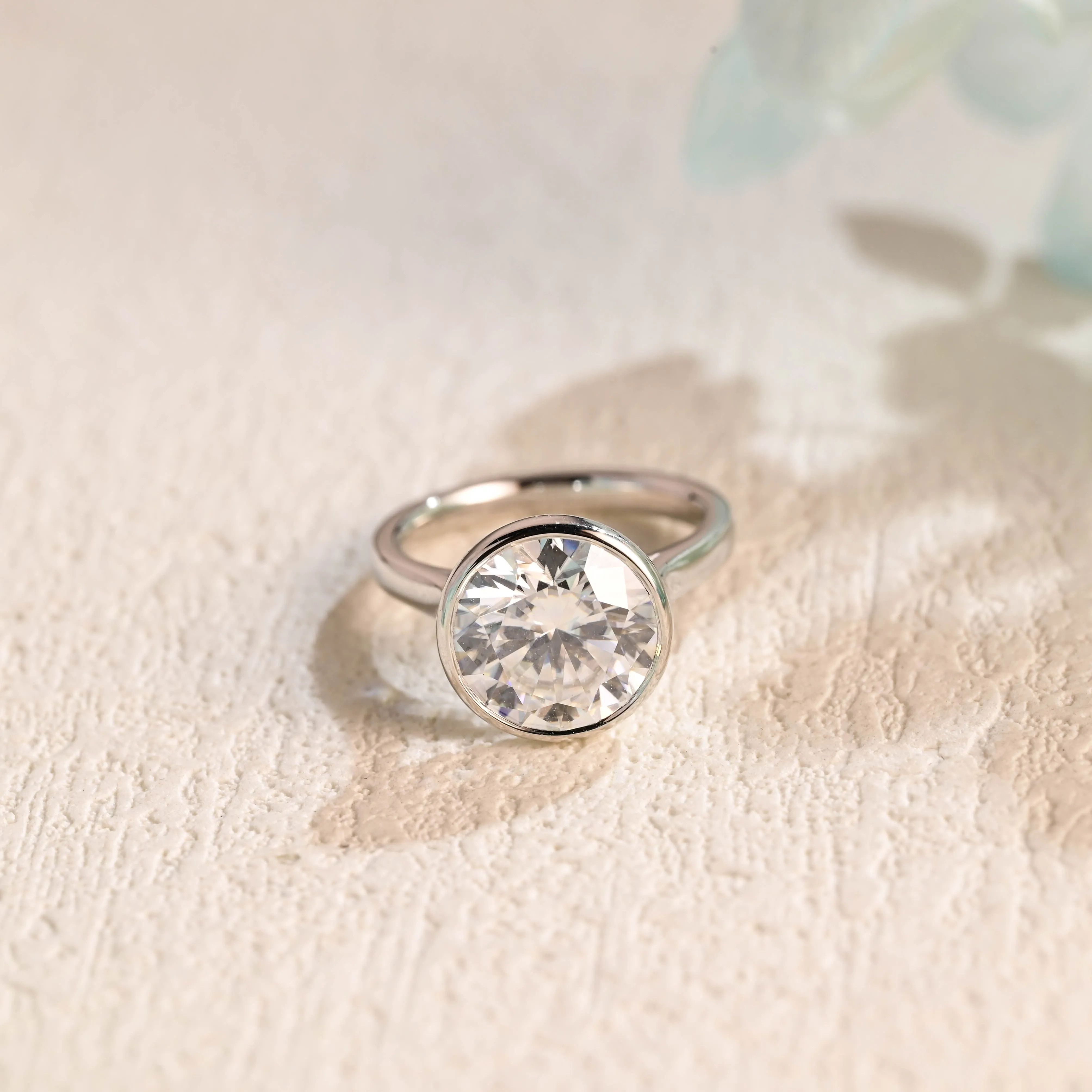 Solid Gold Bezel Round Cut Moissanite Engagement Ring, Solitaire Ring sold by Causyou