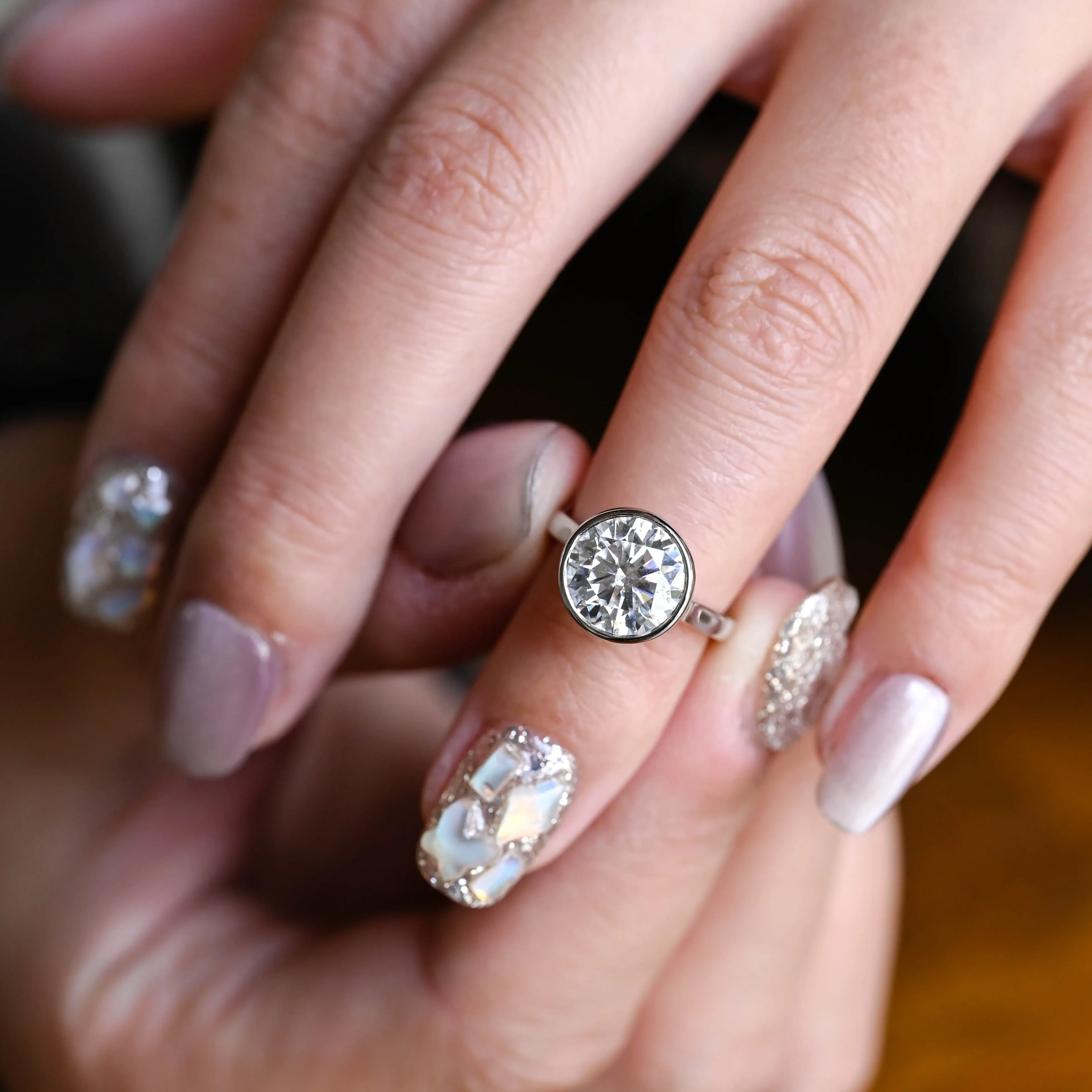 Solid Gold Bezel Round Cut Moissanite Engagement Ring, Solitaire Ring sold by Causyou product image thumbnail 4