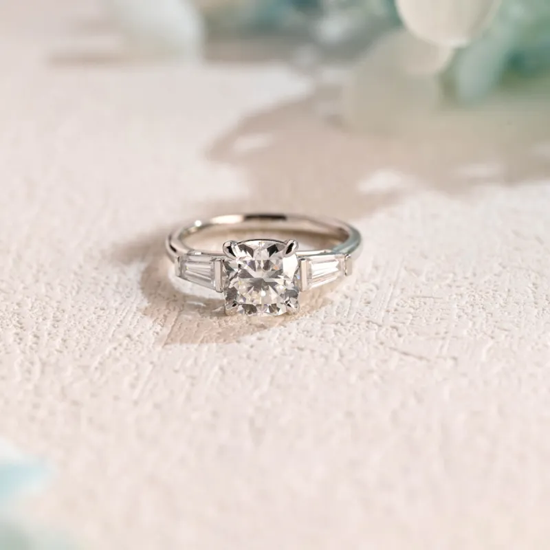 Solid Gold Cushion Cut Moissanite Engagement Ring, Three Stone Promise Ring, Proposal Ring, Gift for Women Wife sold by Causyou